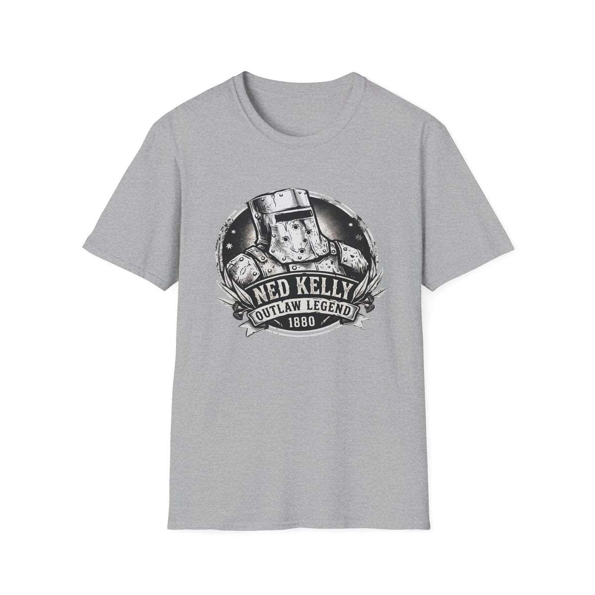 Unisex Ned Kelly Outlaw Legend graphic streetwear grey  tee laid flat