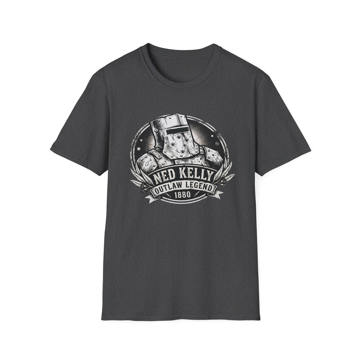 Unisex Ned Kelly Outlaw Legend graphic streetwear  heather tee laid flat