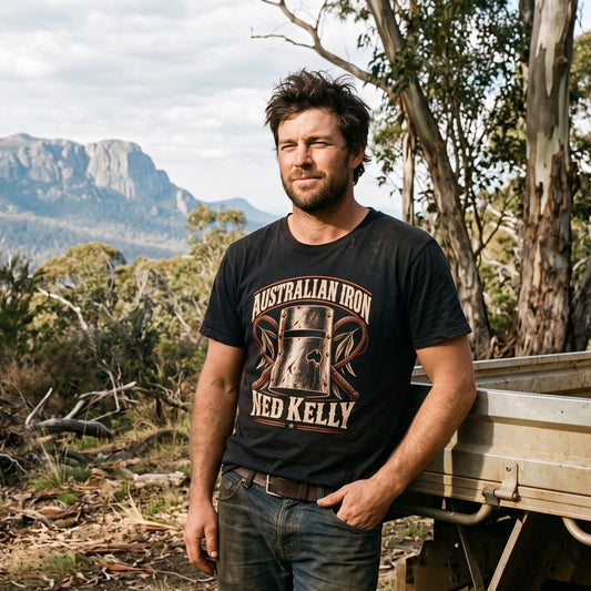 Rugged male model wearing the black "Australian Iron – Ned Kelly" graphic tee, standing by a classic ute in the Victorian High Country with Mount Buffalo in the background. High-quality vintage bushranger apparel crafted for Australian outdoors and street style.