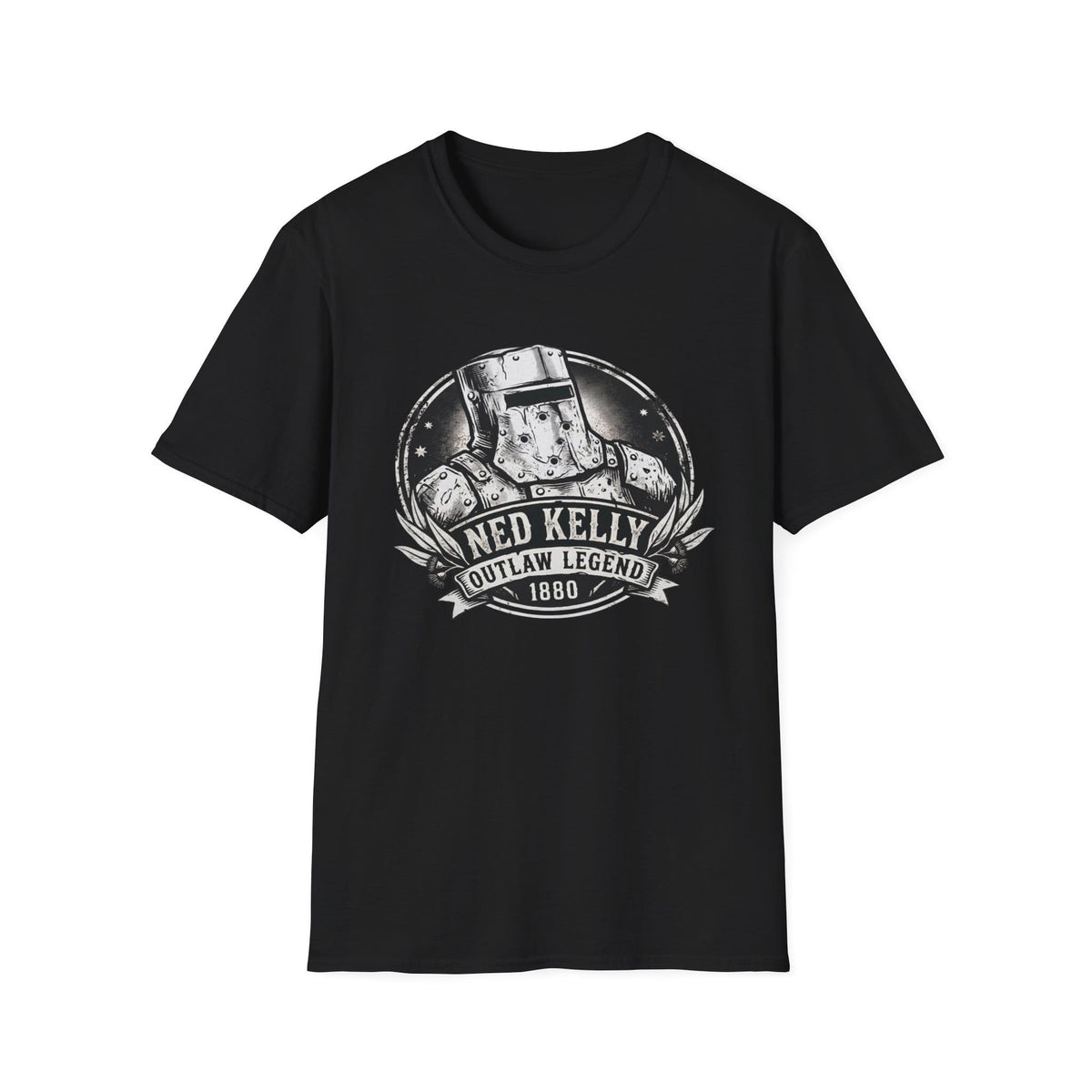Unisex Ned Kelly Outlaw Legend black graphic streetwear tee laid flat