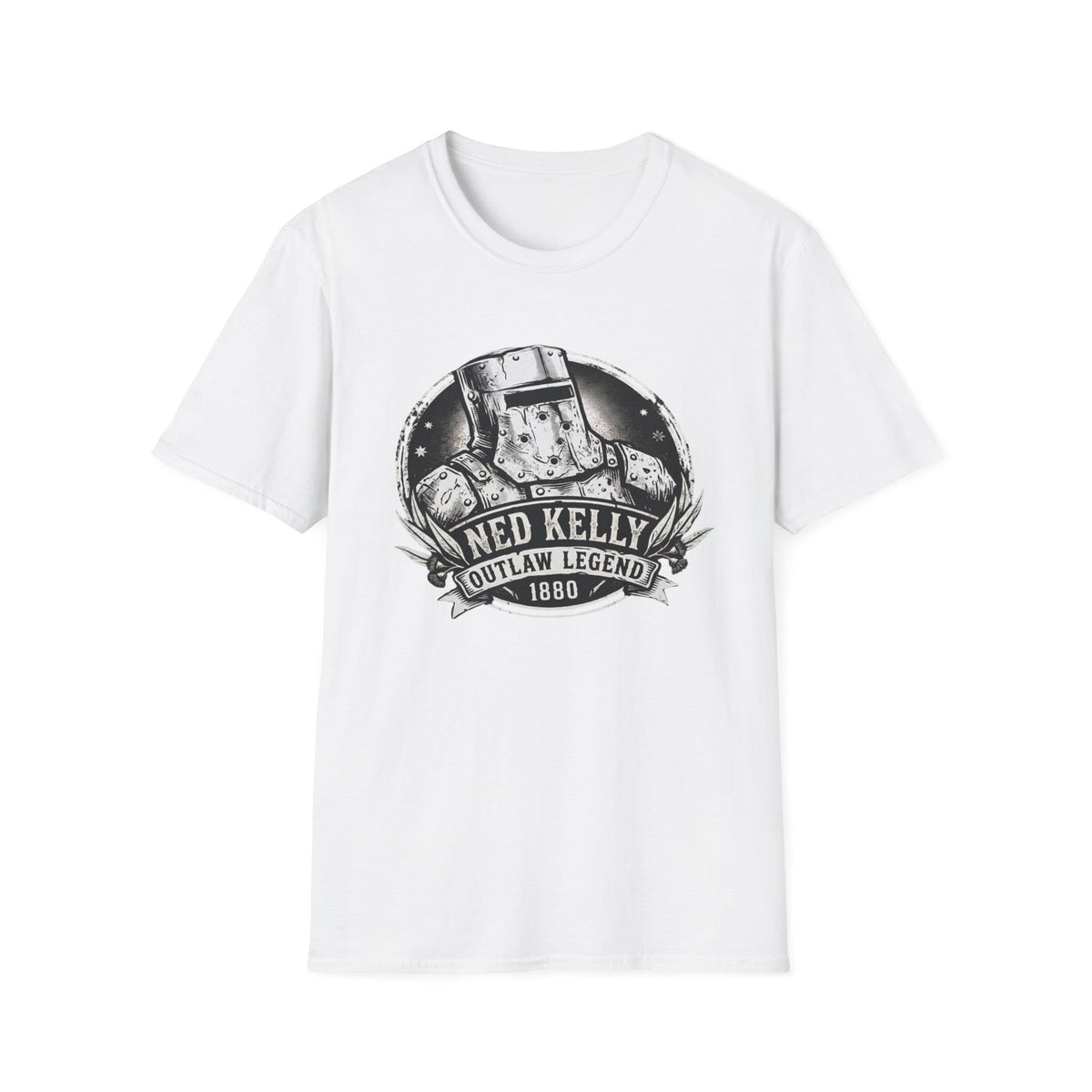 Front view of Ned Kelly Outlaw Legend helmet graphic print on black unisex white cotton t-shirt