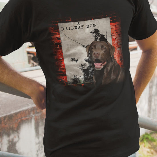 A Chocolate Labrador retriever, eager for a fishing adventure, on a t-shirt.  pen_spark