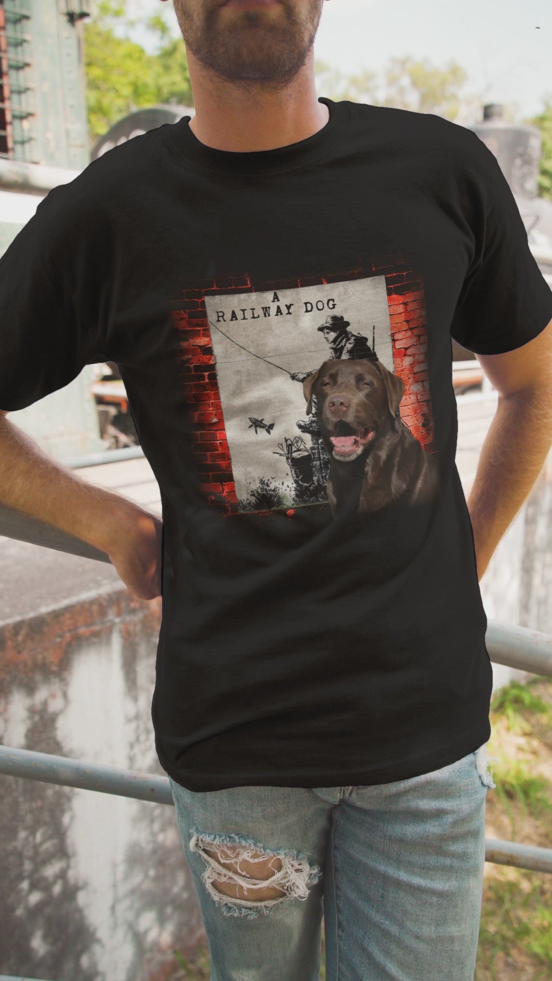 A Chocolate Labrador retriever, eager for a fishing adventure, on a t-shirt.  pen_spark