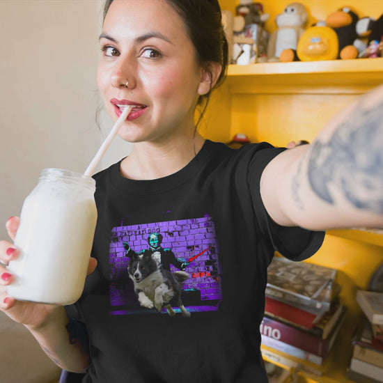 A Border Collie dog, known for its intelligence and herding ability, featured on a t-shirt.