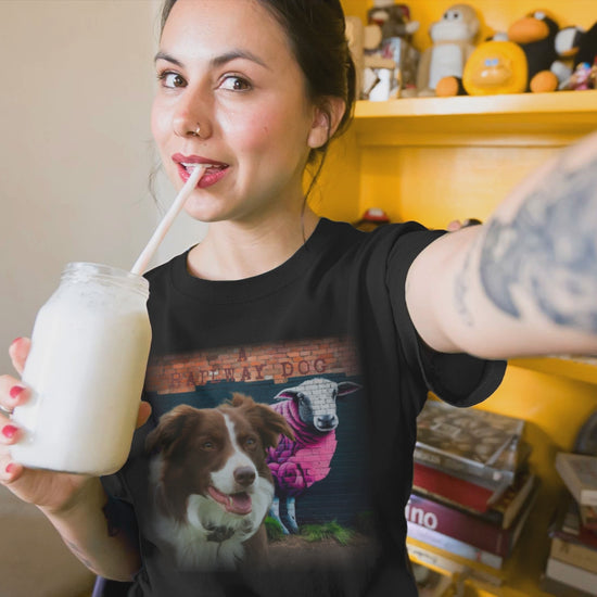 A Border Collie dog, known for its intelligence and herding ability, featured on a t-shirt.