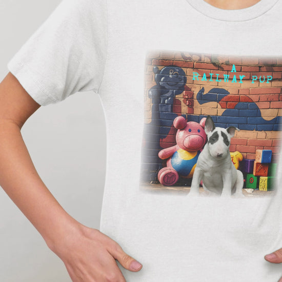 Image of an adorable Bull Terrier puppy on a t-shirt.