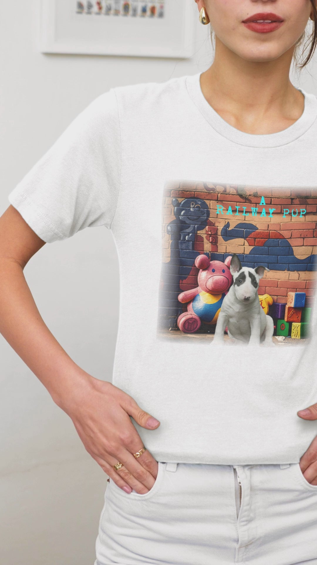 Image of an adorable Bull Terrier puppy on a t-shirt.