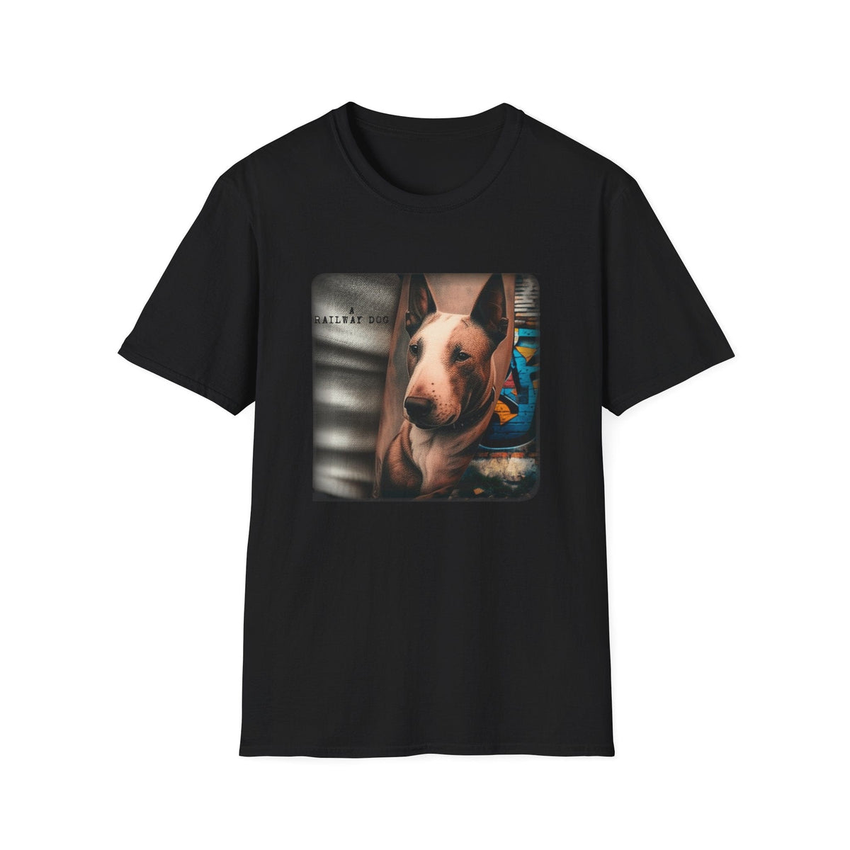 Railway Dog Graphic T-Shirt | Vintage Bull Terrier Art Tee | Urban Streetwear - That Should Be on a T-Shirt