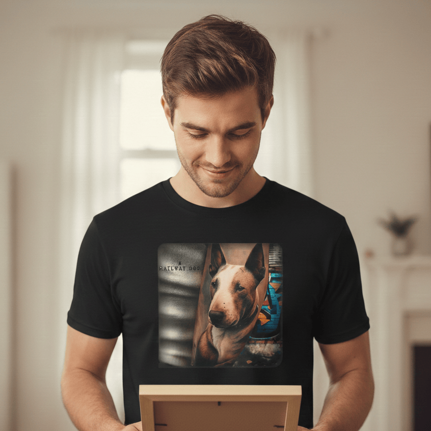 Vintage Bull Terrier Graphic Art Urban Streetwear Print on Black Unisex Cotton T-Shirt