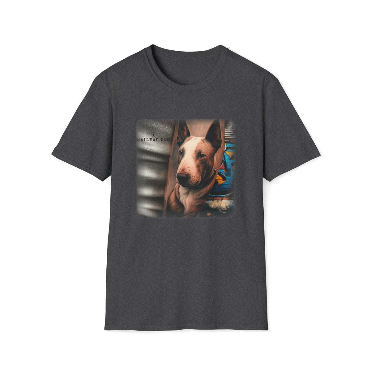 Railway Dog Graphic T-Shirt | Vintage Bull Terrier Art Tee | Urban Streetwear - That Should Be on a T-Shirt