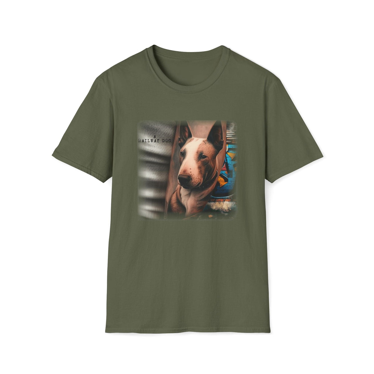 Railway Dog Graphic T-Shirt | Vintage Bull Terrier Art Tee | Urban Streetwear - That Should Be on a T-Shirt