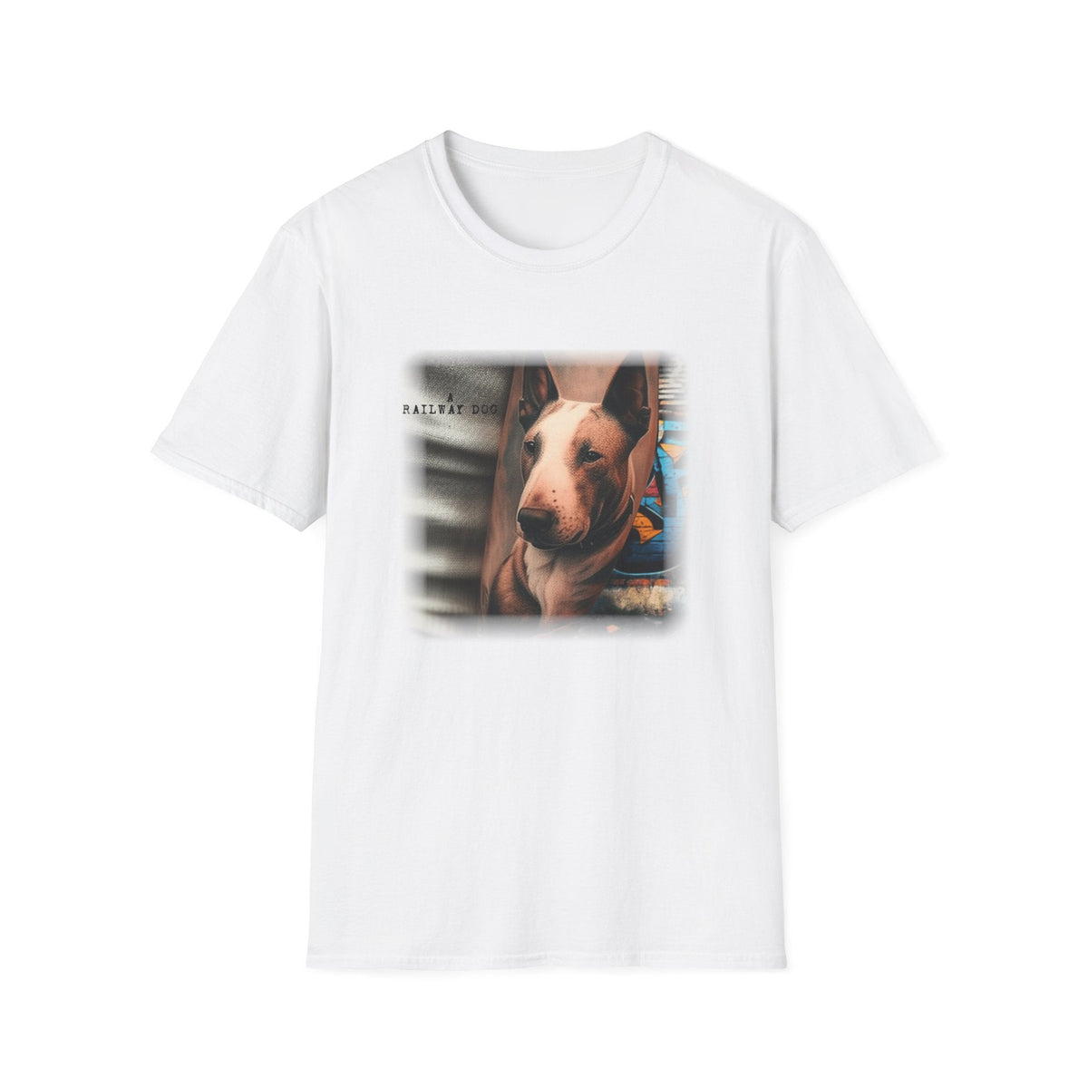 White graphic t-shirt featuring a Bull Terrier portrait on a full sleeve tattoo backdrop with typewriter text reading "A Railway Dog."