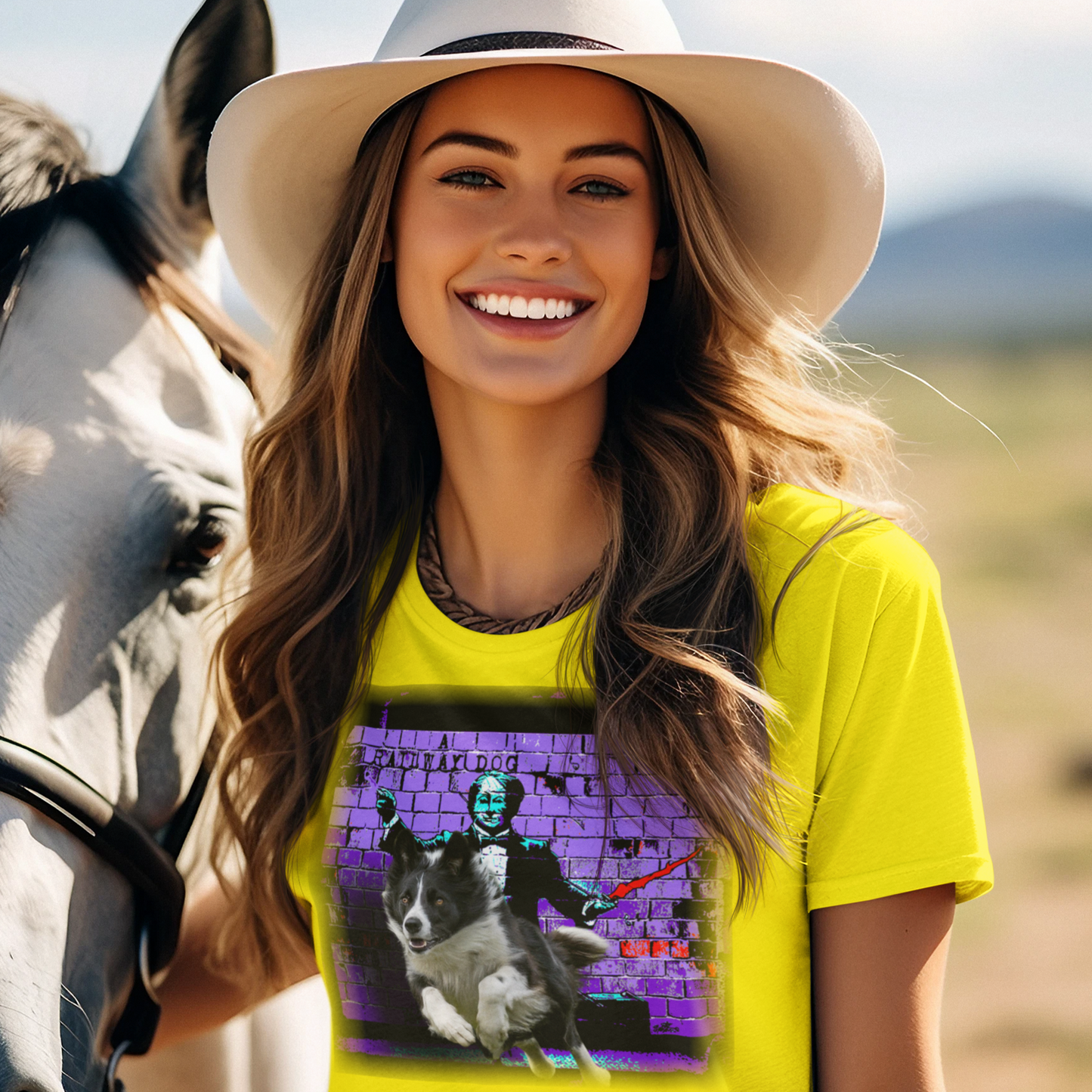 A Border Collie dog, known for its intelligence and herding ability, featured on a t-shirt.