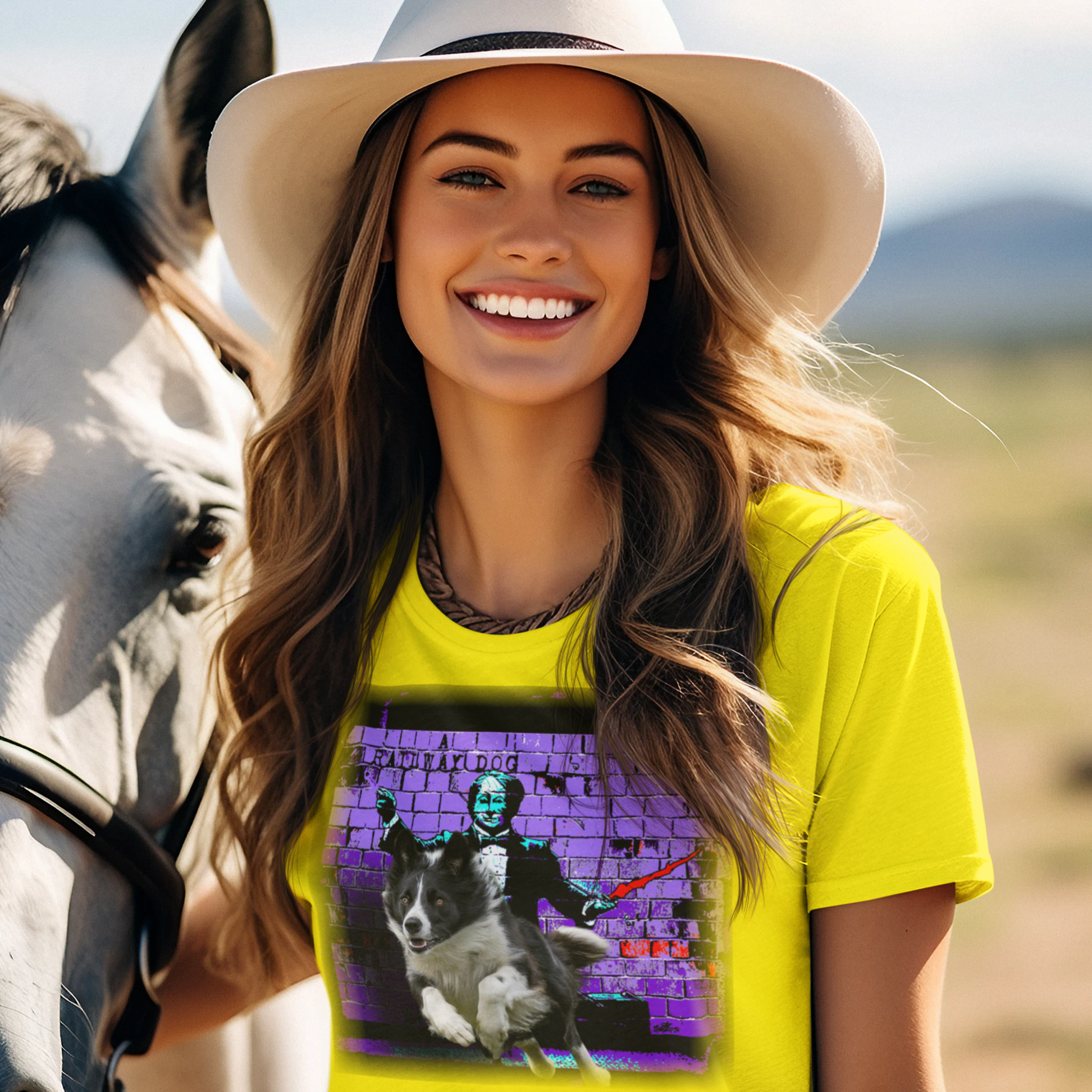 A Border Collie dog, known for its intelligence and herding ability, featured on a t-shirt.