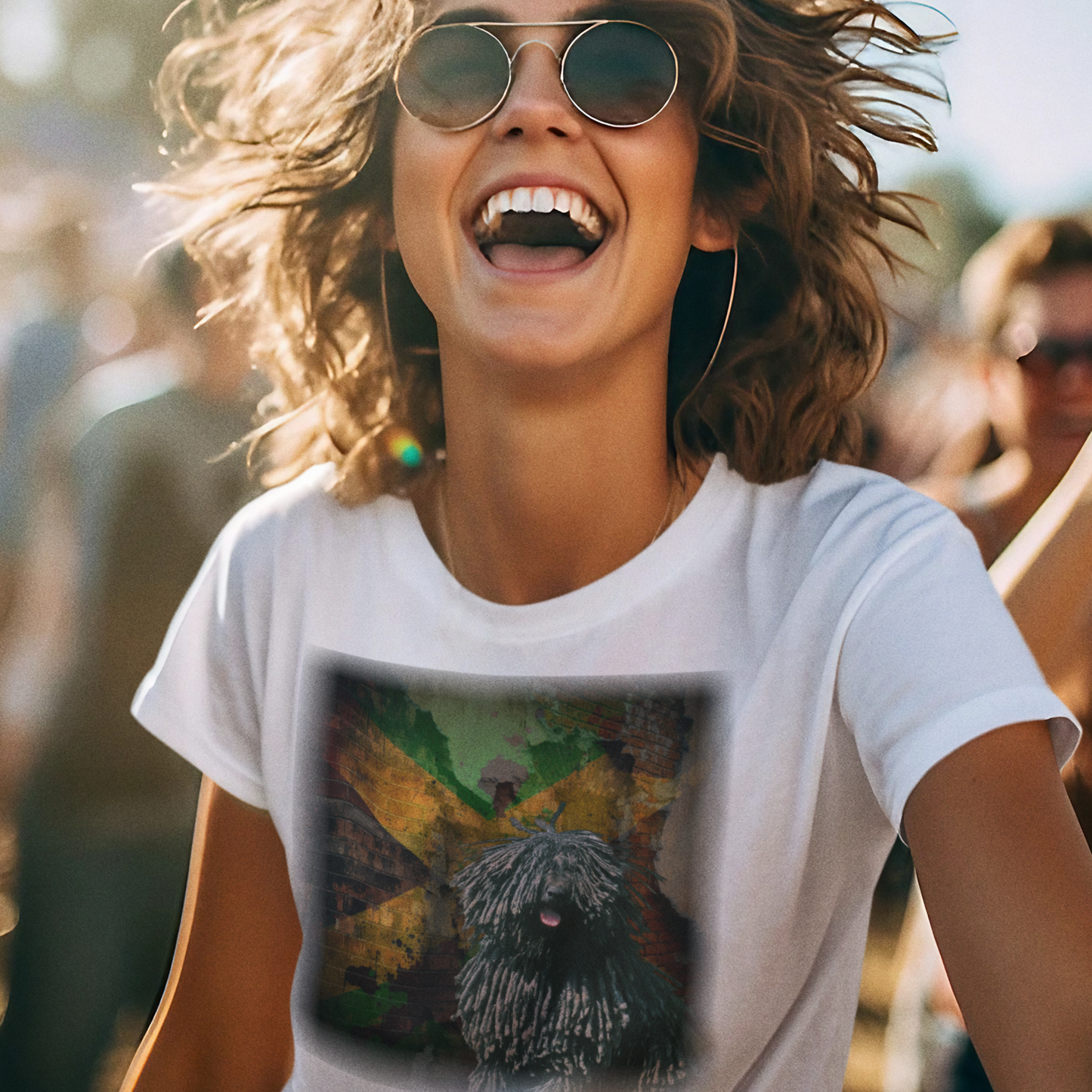 Rasta Puli: Playful Puli dog with a Jamaican reggae or Rastafarian theme on a t-shirt.