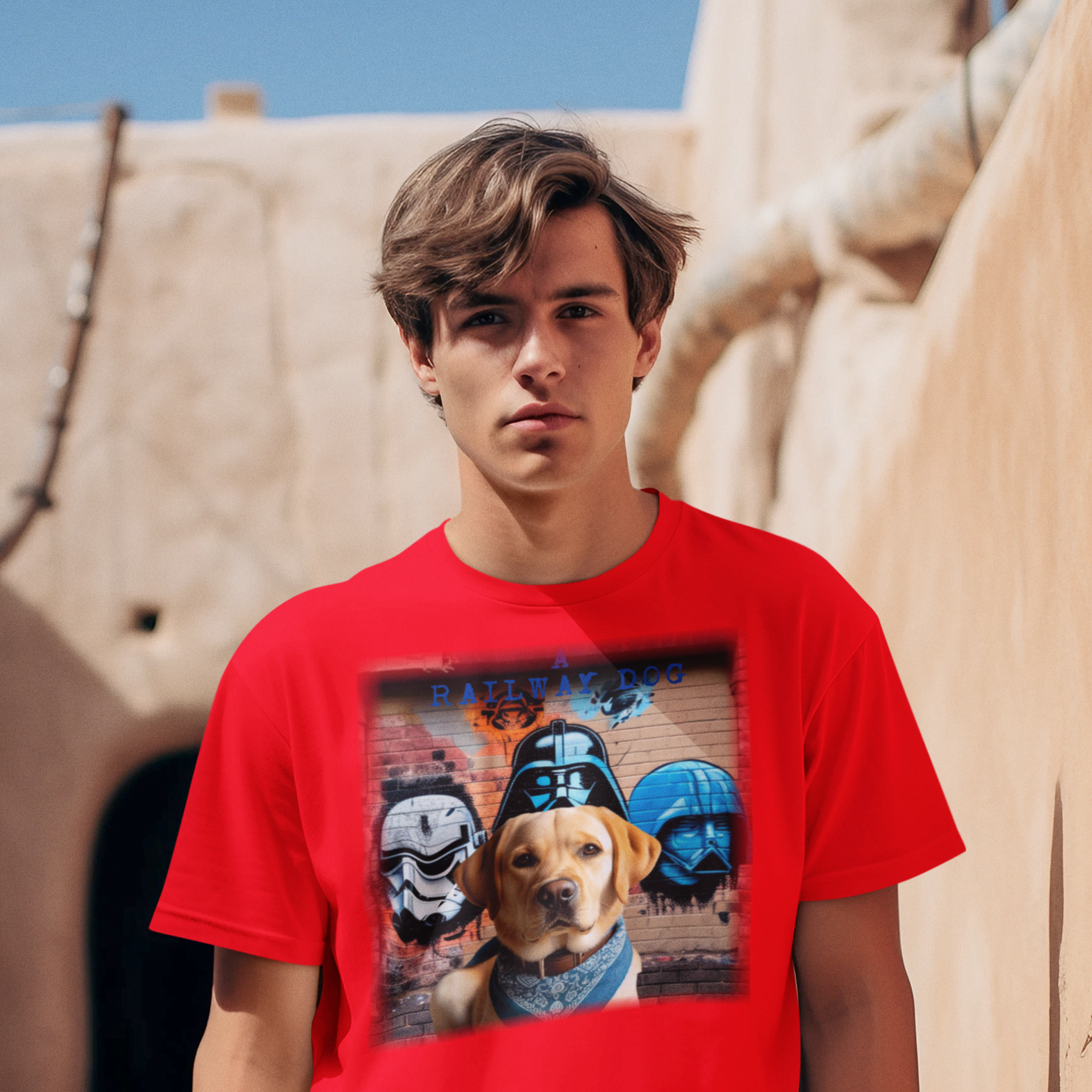 T-shirt featuring a Labrador Retriever dog and a Star Wars theme