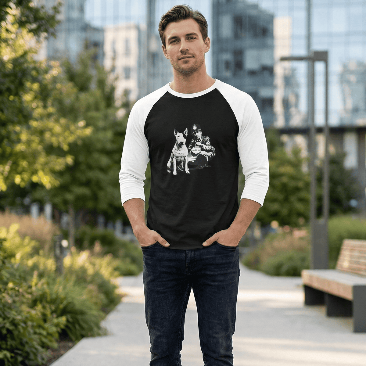Street Art Bull Terrier and Police Officer Illustration on White and Black Raglan Baseball Tee