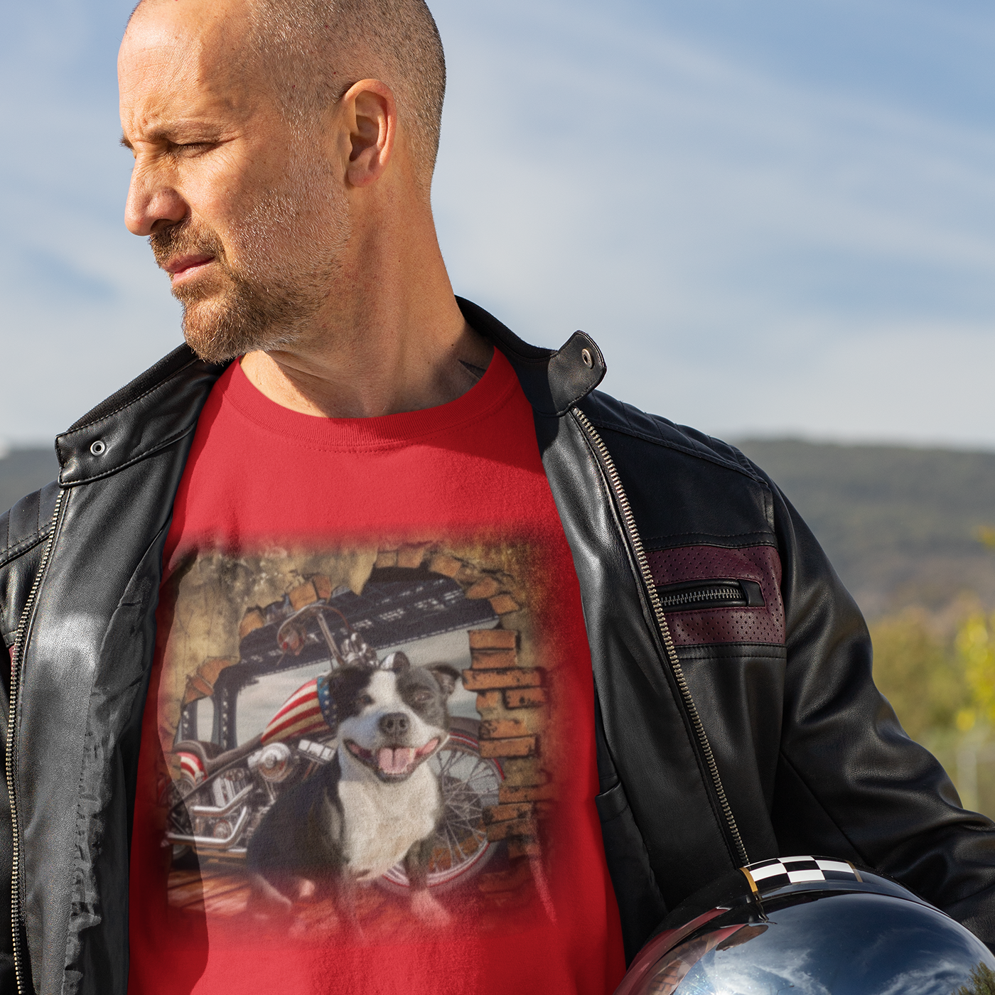 T-shirt with a graphic design featuring a Staffordshire Bull Terrier dog and a Chopper motorcycle.