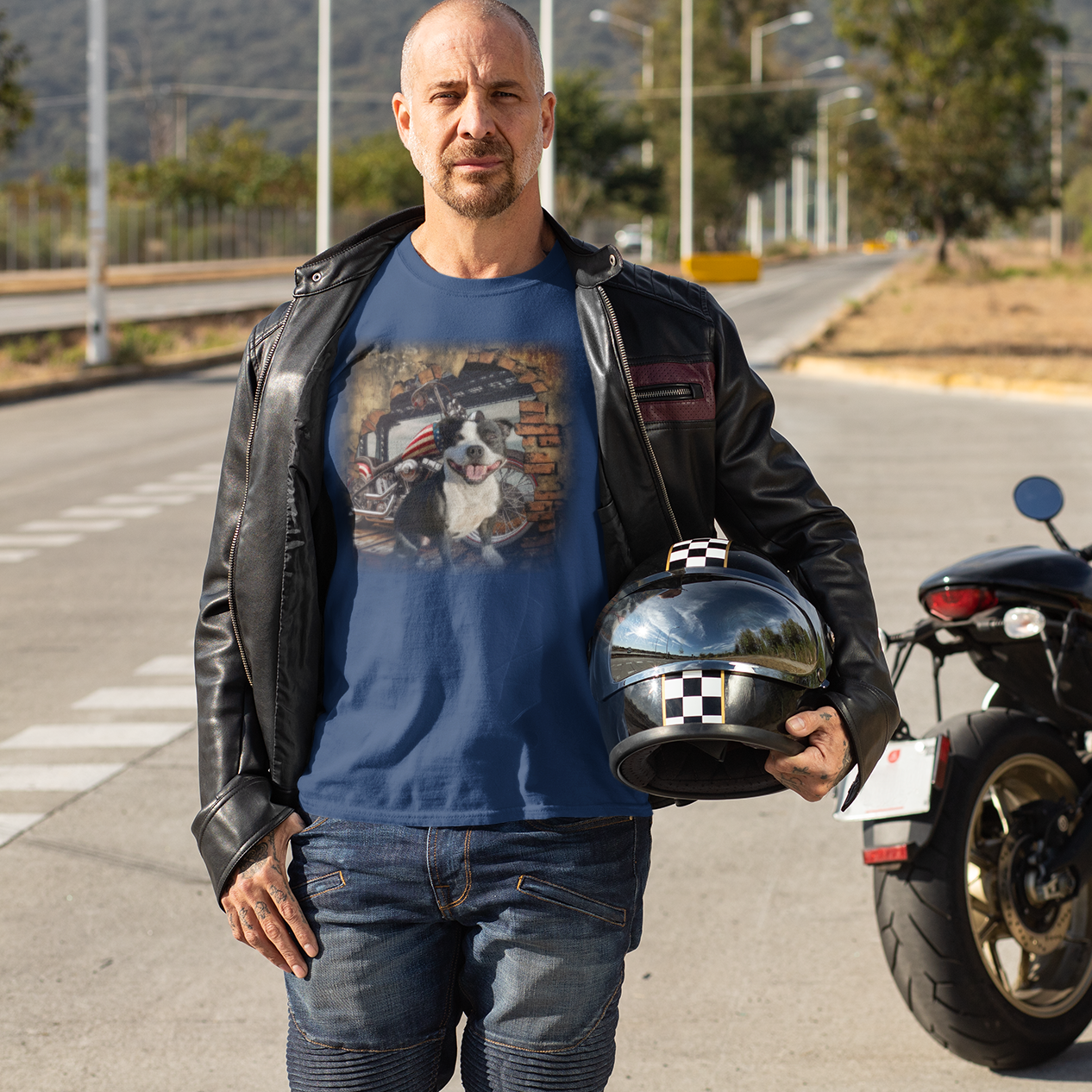 T-shirt with a graphic design featuring a Staffordshire Bull Terrier dog and a Chopper motorcycle.