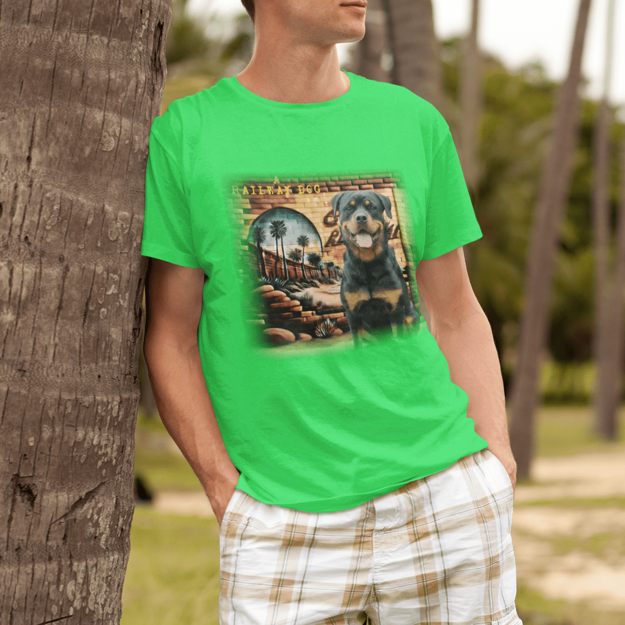 A t-shirt featuring a Rottweiler dog with a relaxed California vibe.