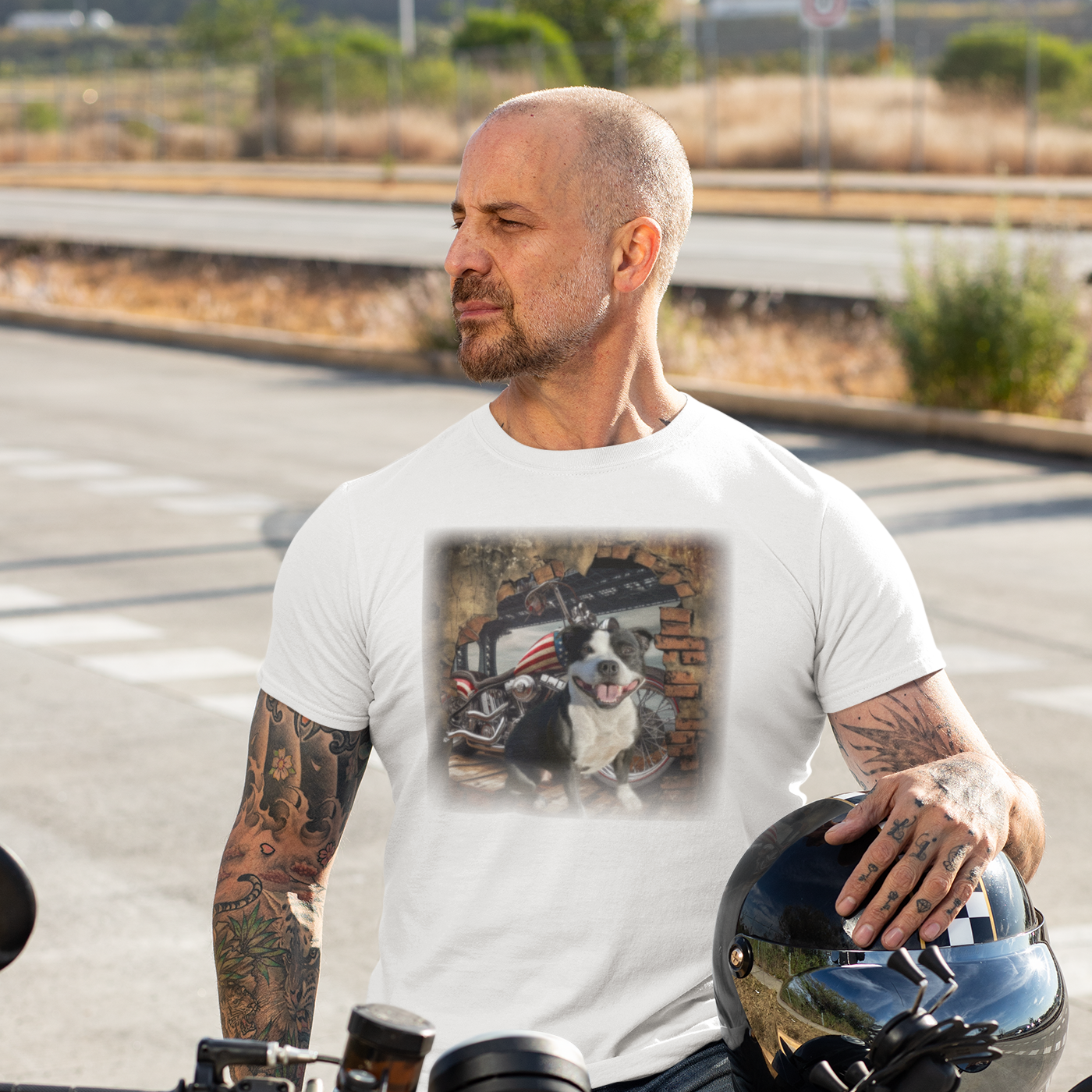 T-shirt with a graphic design featuring a Staffordshire Bull Terrier dog and a Chopper motorcycle.