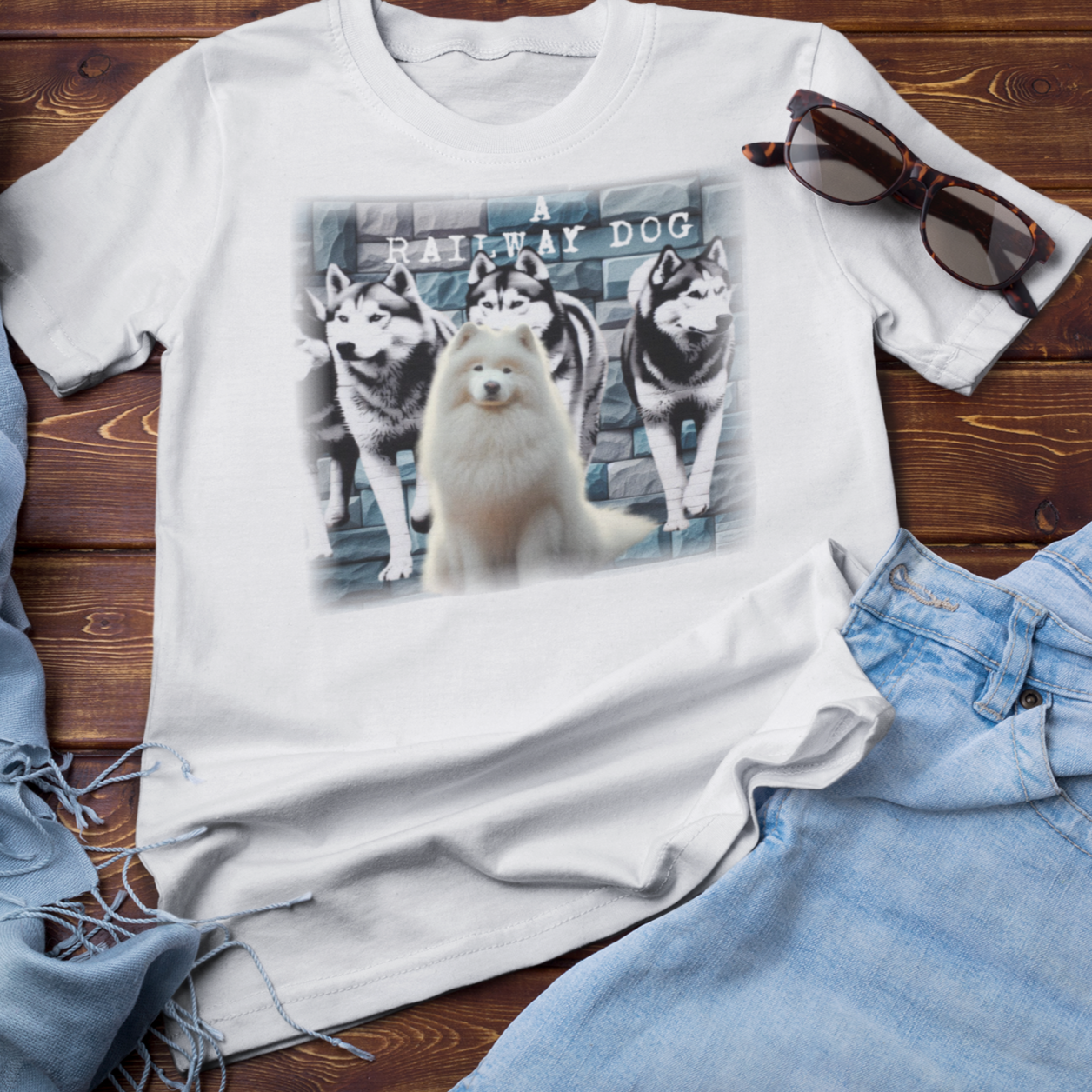 A white Samoyed dog with a thick, fluffy coat, featured on a t-shirt.