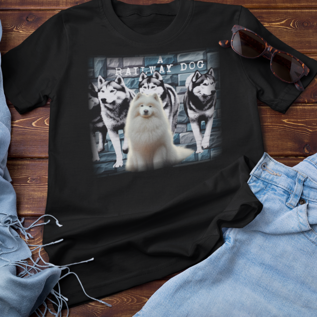 A white Samoyed dog with a thick, fluffy coat, featured on a t-shirt.