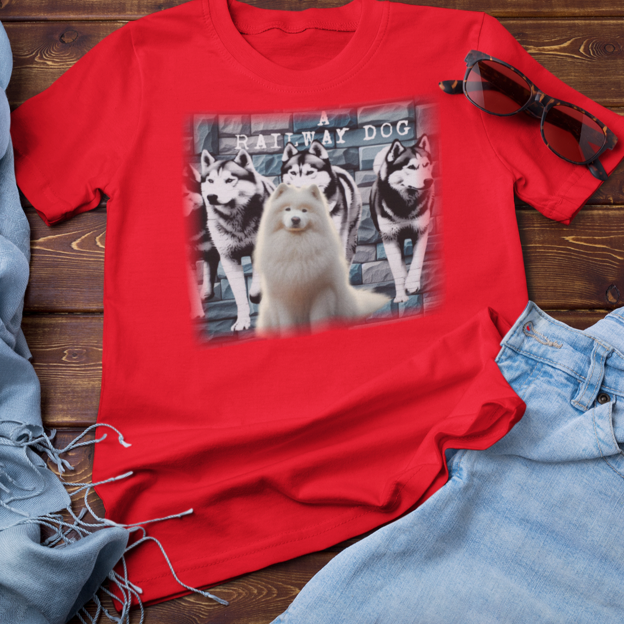 A white Samoyed dog with a thick, fluffy coat, featured on a t-shirt.