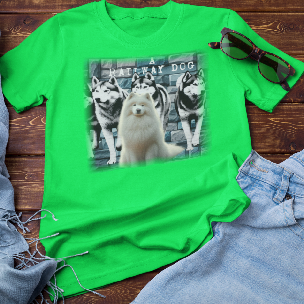 A white Samoyed dog with a thick, fluffy coat, featured on a t-shirt.