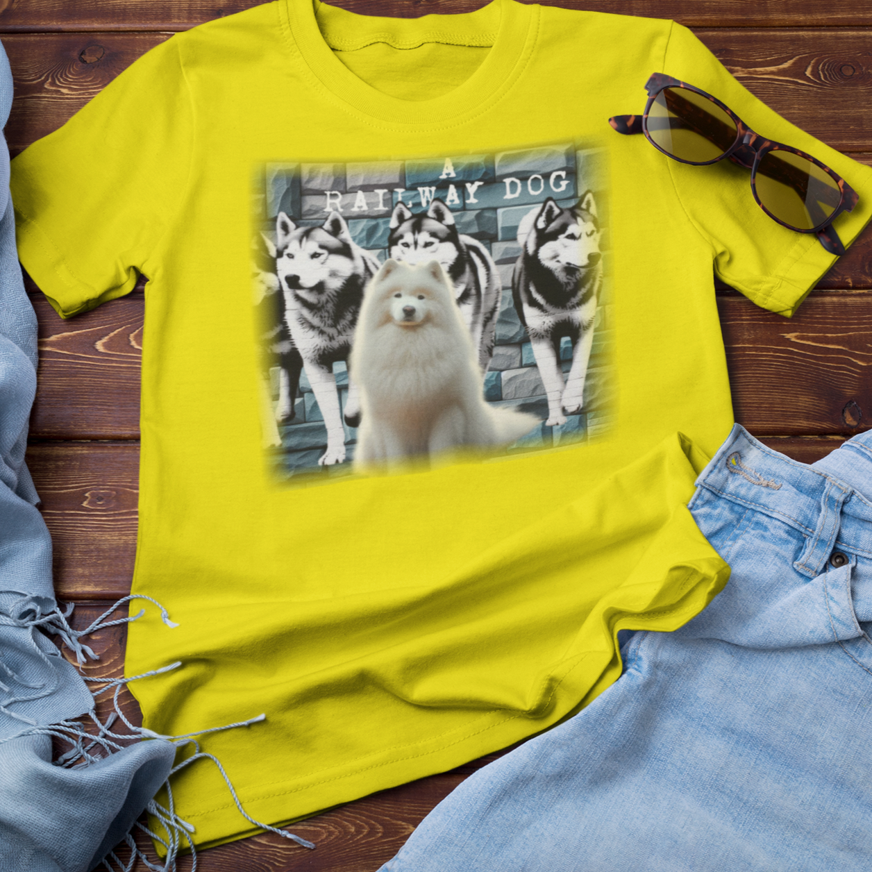 A white Samoyed dog with a thick, fluffy coat, featured on a t-shirt.