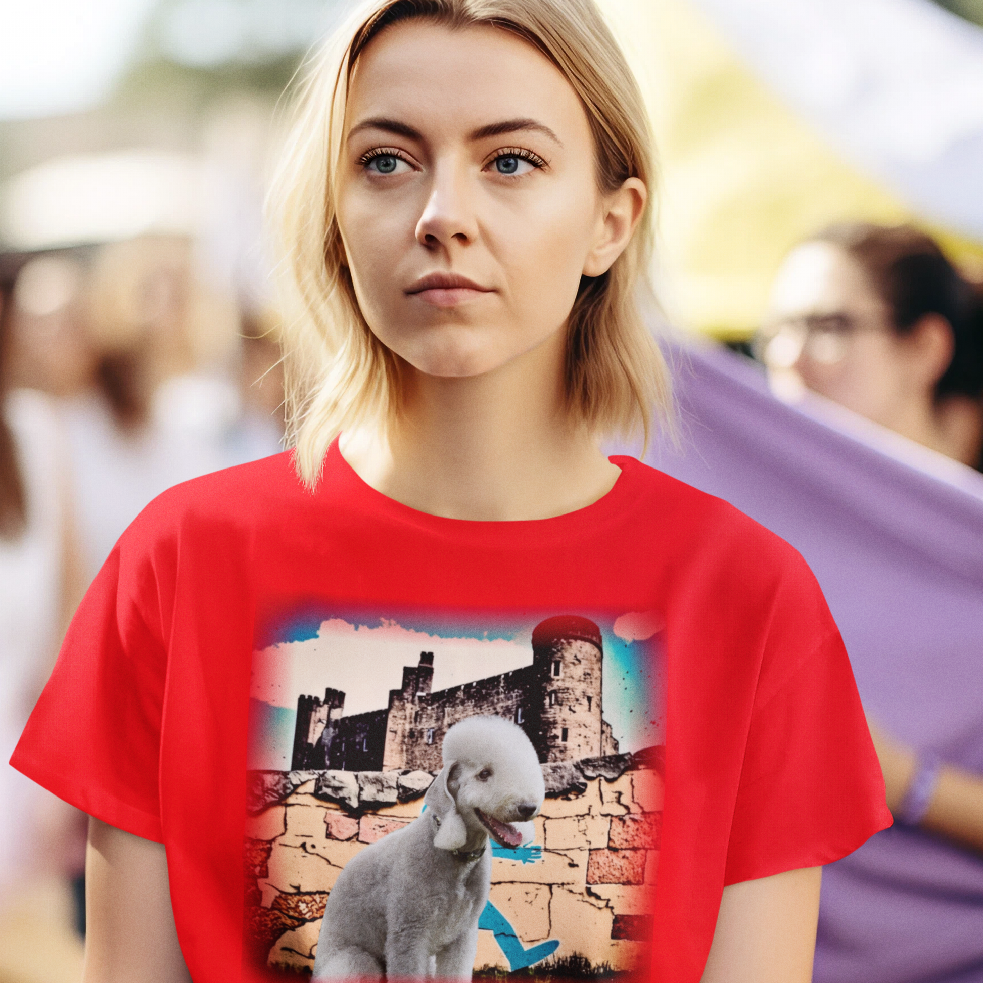 T-shirt featuring a graphic image of a Bedlington Terrier dog.