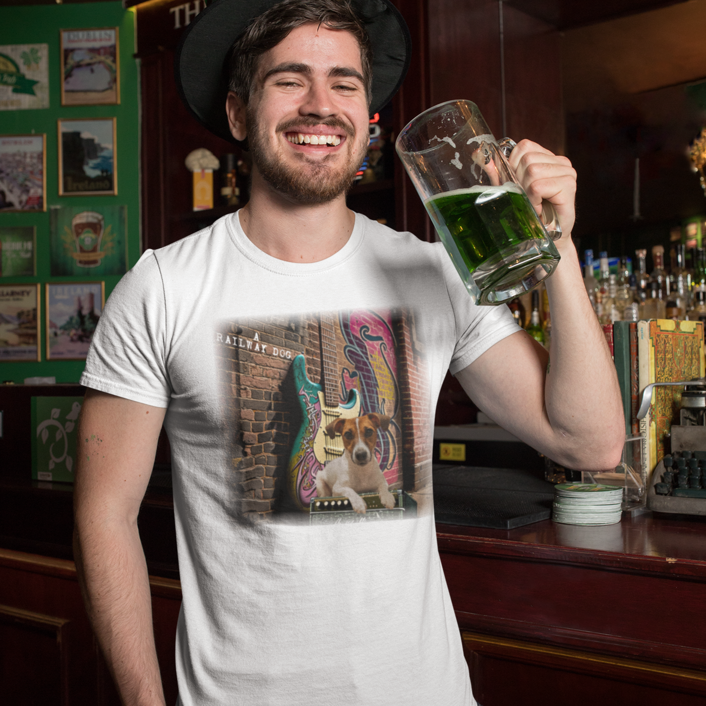 This t-shirt combines a Jack Russell Terrier dog with a classic Fender Stratocaster electric guitar in a graphic image.