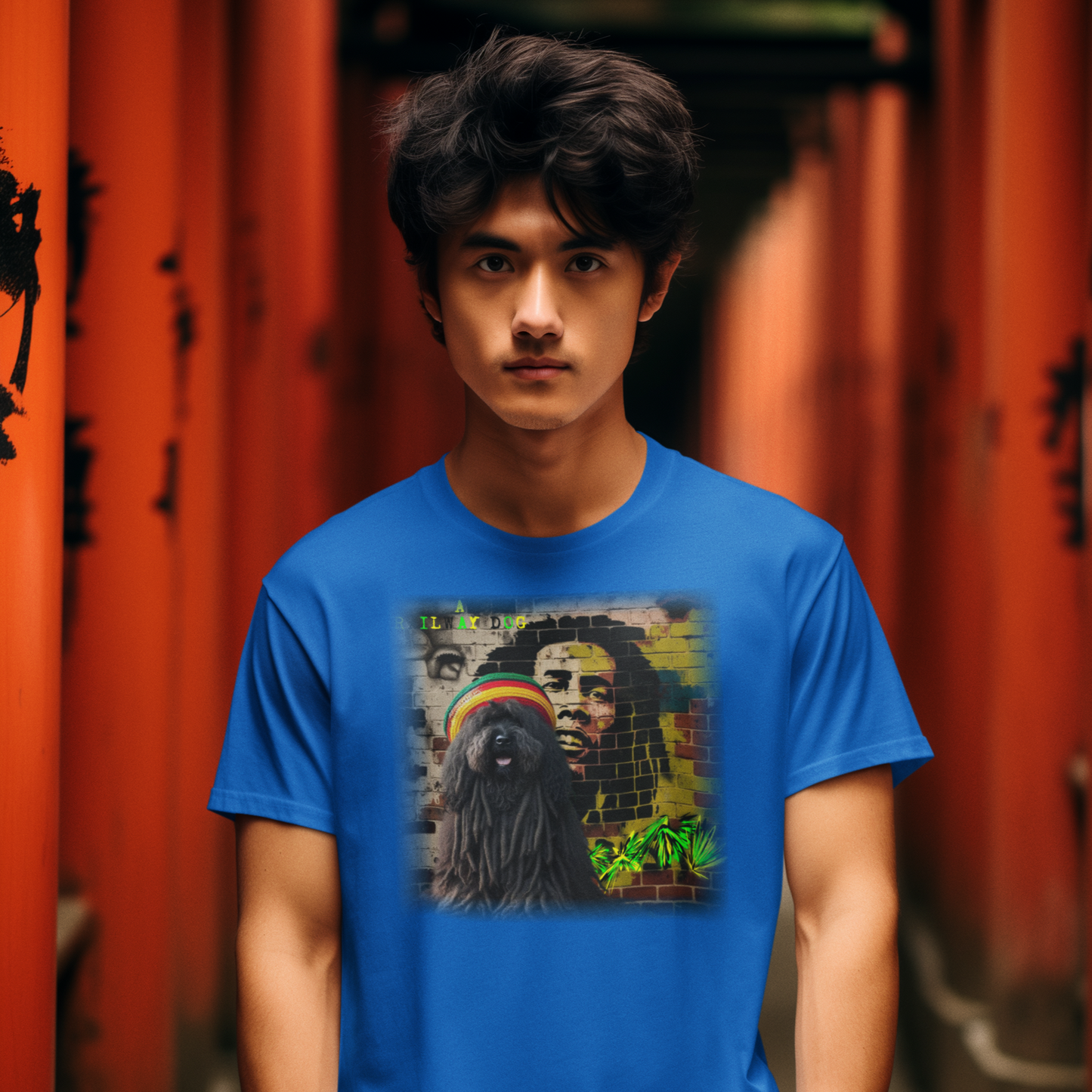 T-shirt featuring a Puli dog and Bob Marley, a reggae legend.