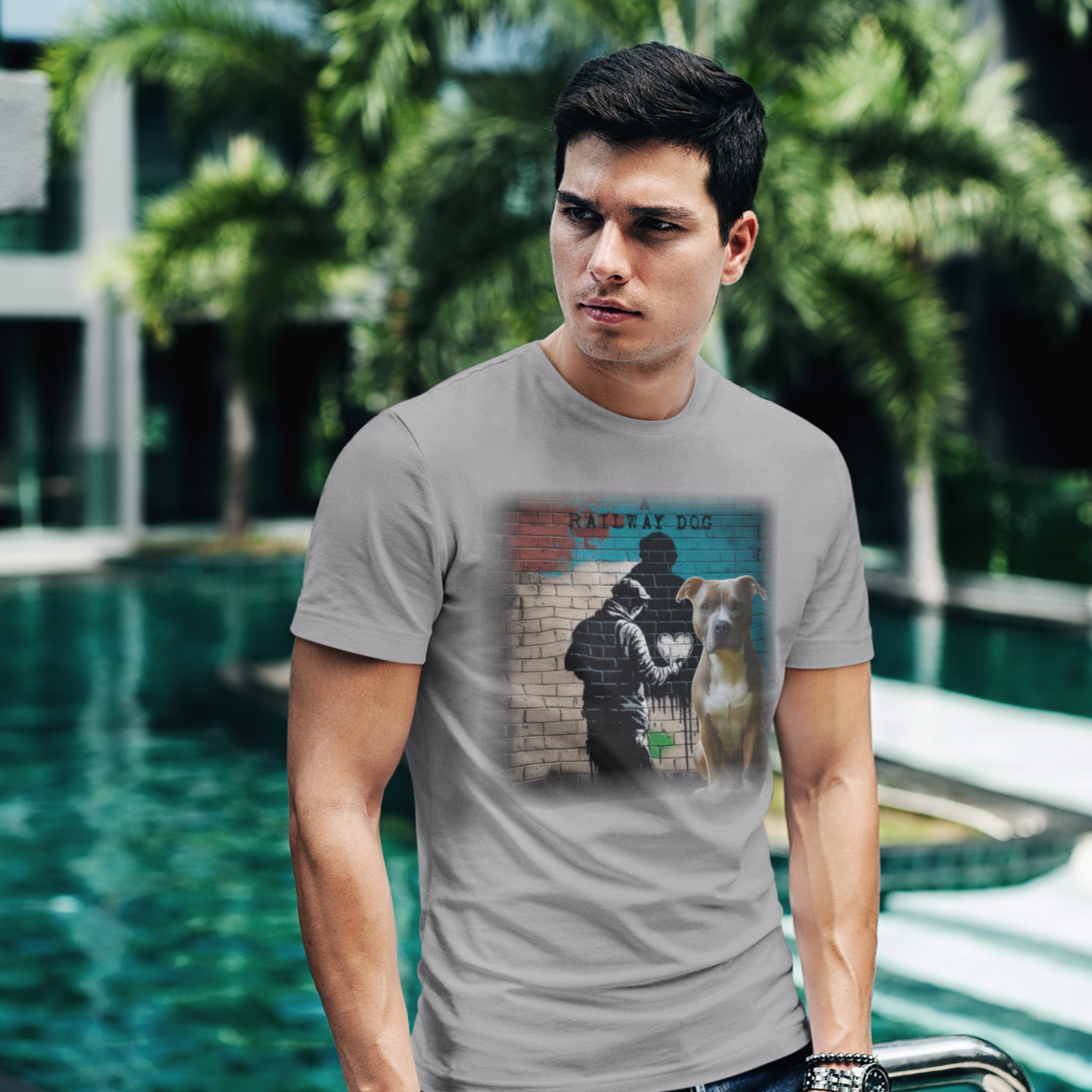 A Pitbull Terrier dog, a breed known for its loyalty and strength, featured on a t-shirt.