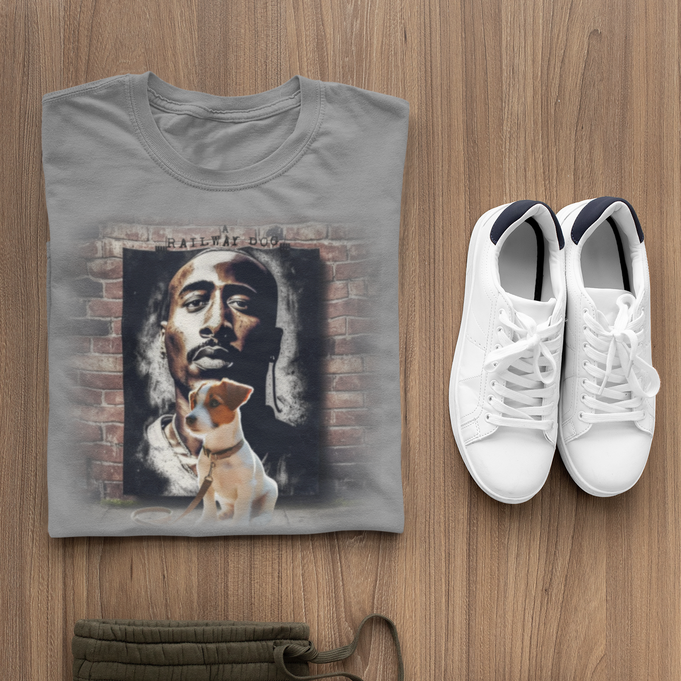 Hip-hop legend Tupac Shakur and a Jack Russell Terrier share a design on a t-shirt.