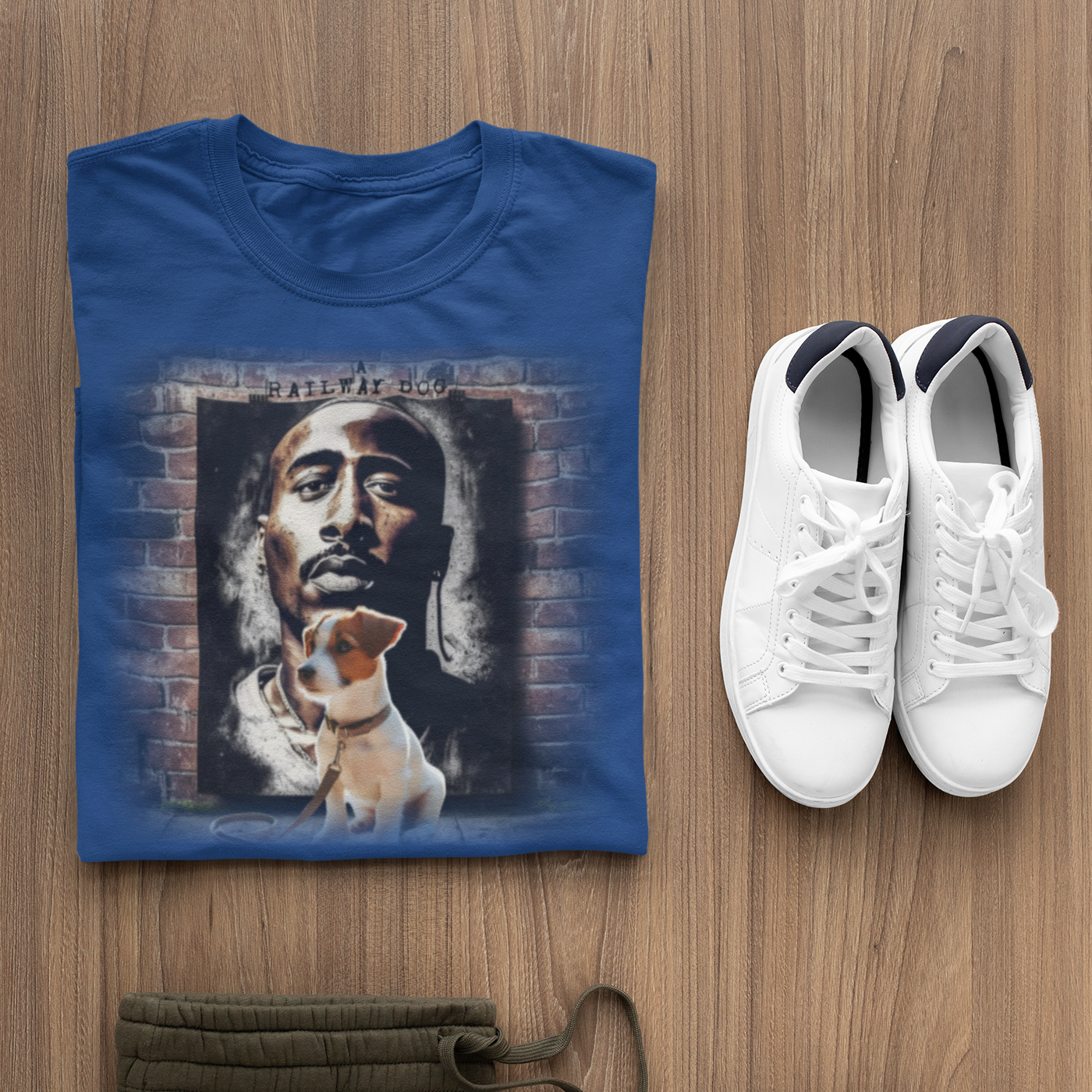 Hip-hop legend Tupac Shakur and a Jack Russell Terrier share a design on a t-shirt.