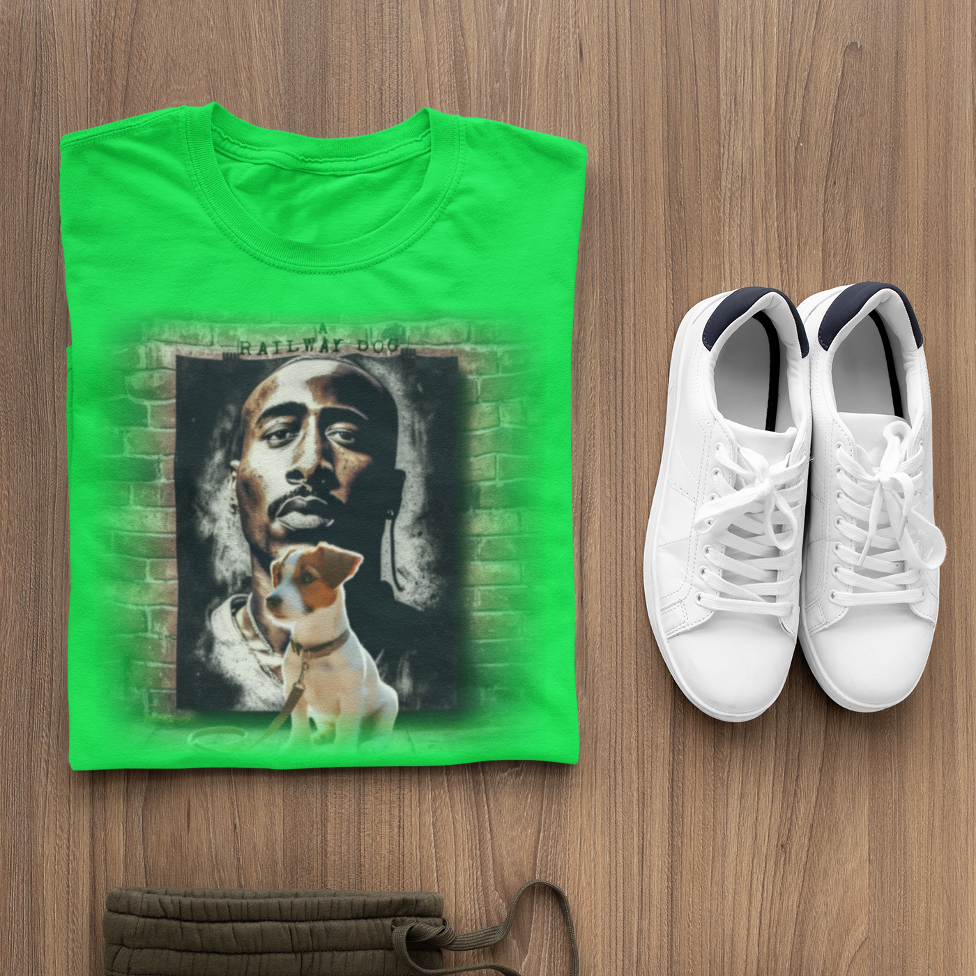 Hip-hop legend Tupac Shakur and a Jack Russell Terrier share a design on a t-shirt.