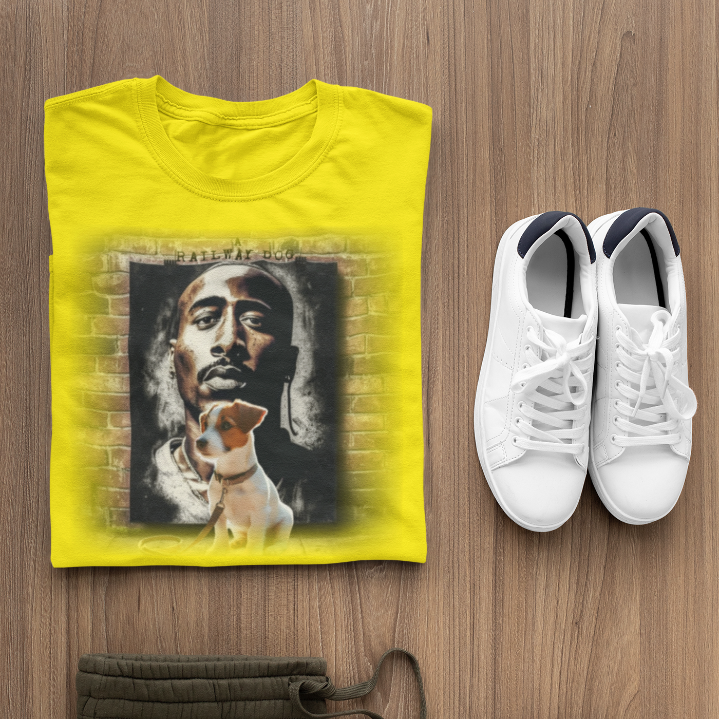 Hip-hop legend Tupac Shakur and a Jack Russell Terrier share a design on a t-shirt.