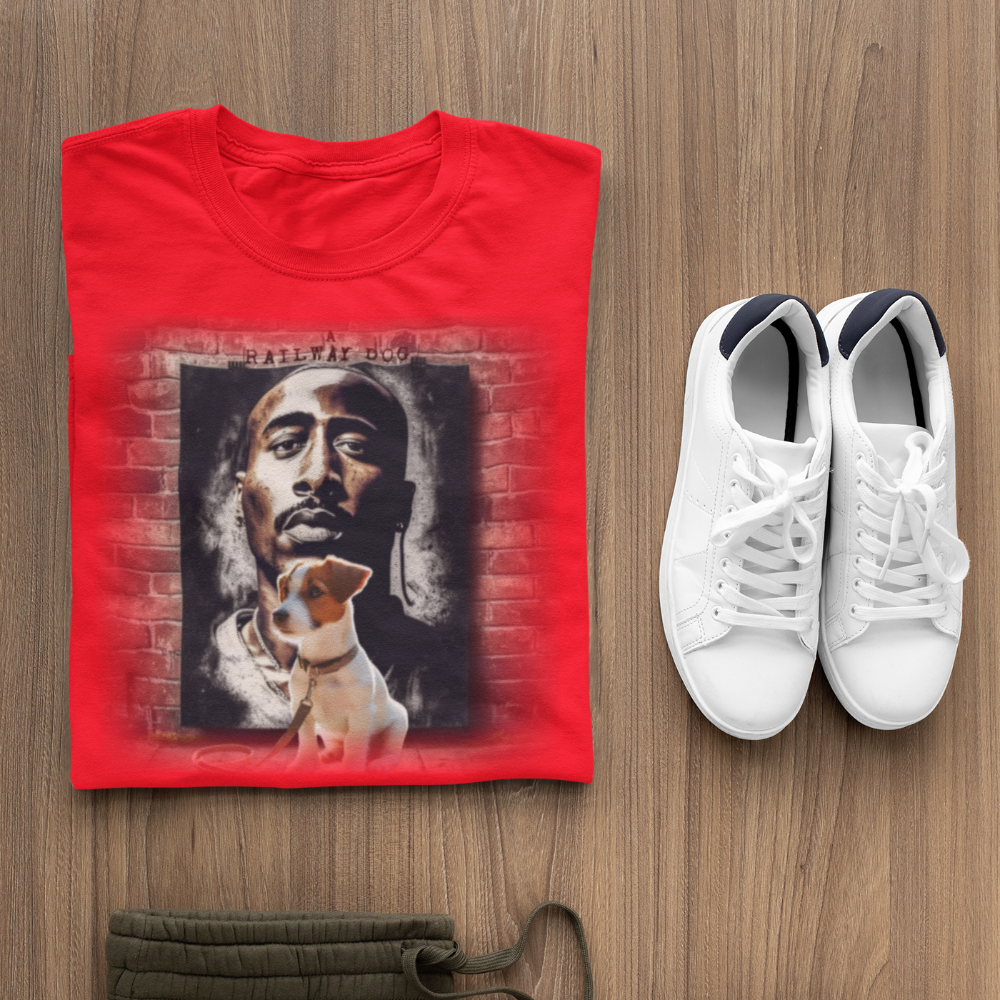 Hip-hop legend Tupac Shakur and a Jack Russell Terrier share a design on a t-shirt.