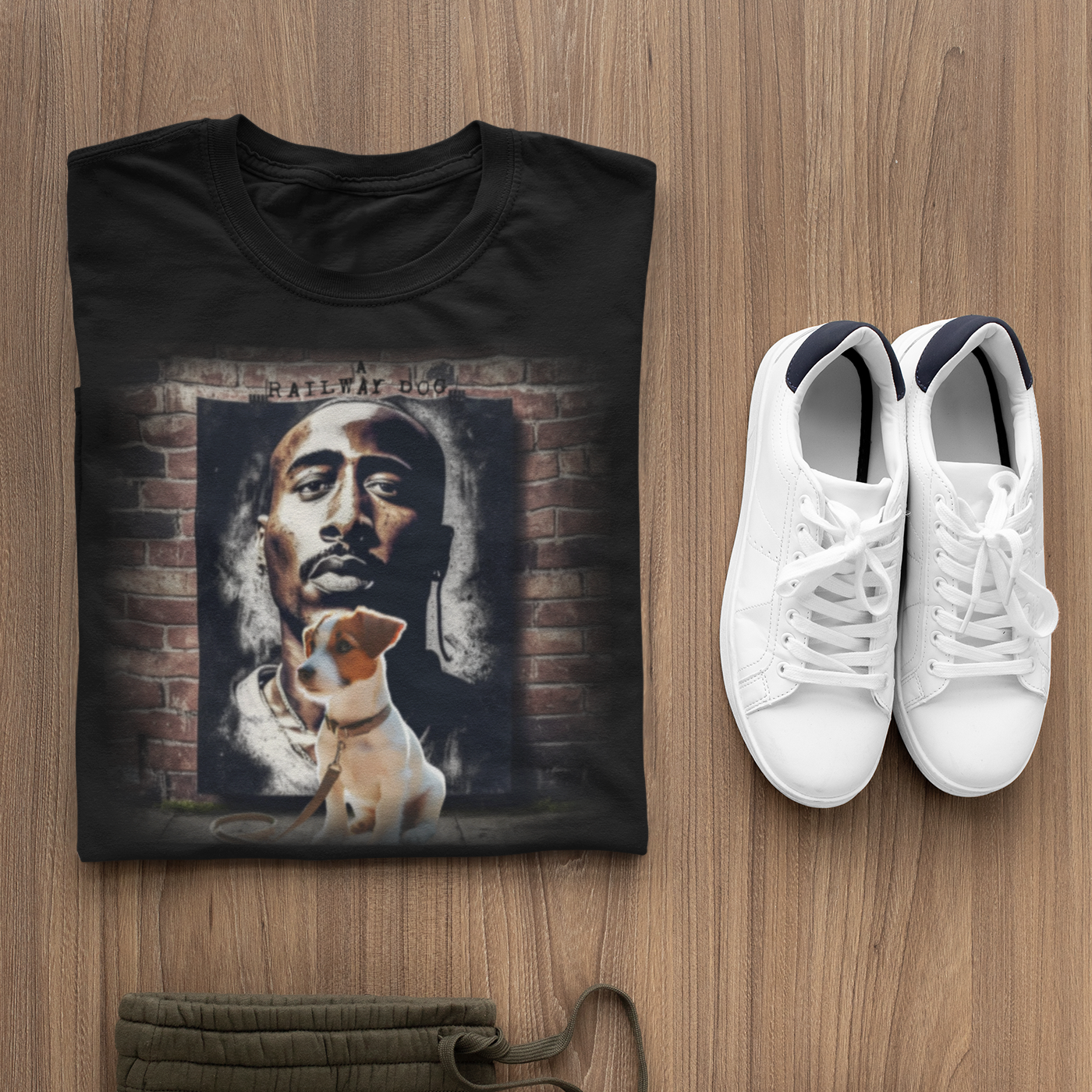 Hip-hop legend Tupac Shakur and a Jack Russell Terrier share a design on a t-shirt.