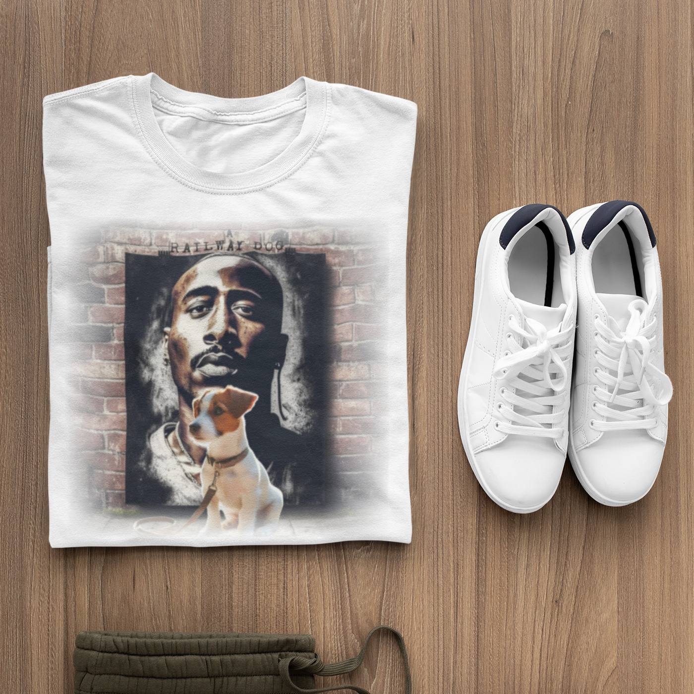 Hip-hop legend Tupac Shakur and a Jack Russell Terrier share a design on a t-shirt.