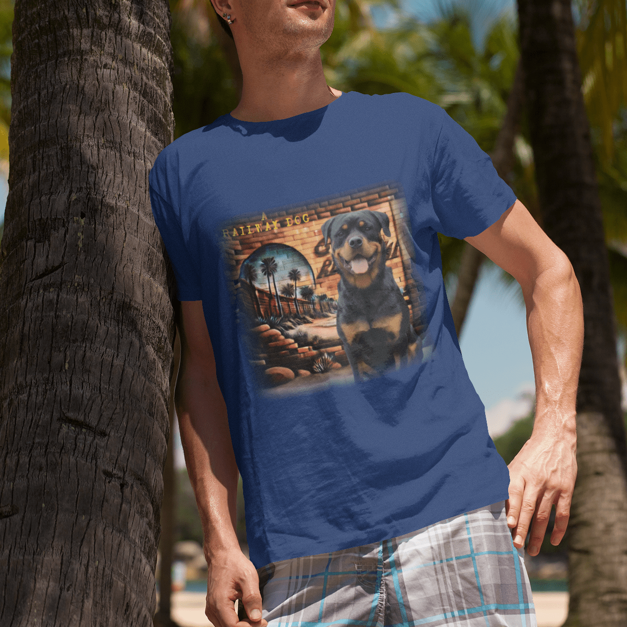 A t-shirt featuring a Rottweiler dog with a relaxed California vibe.