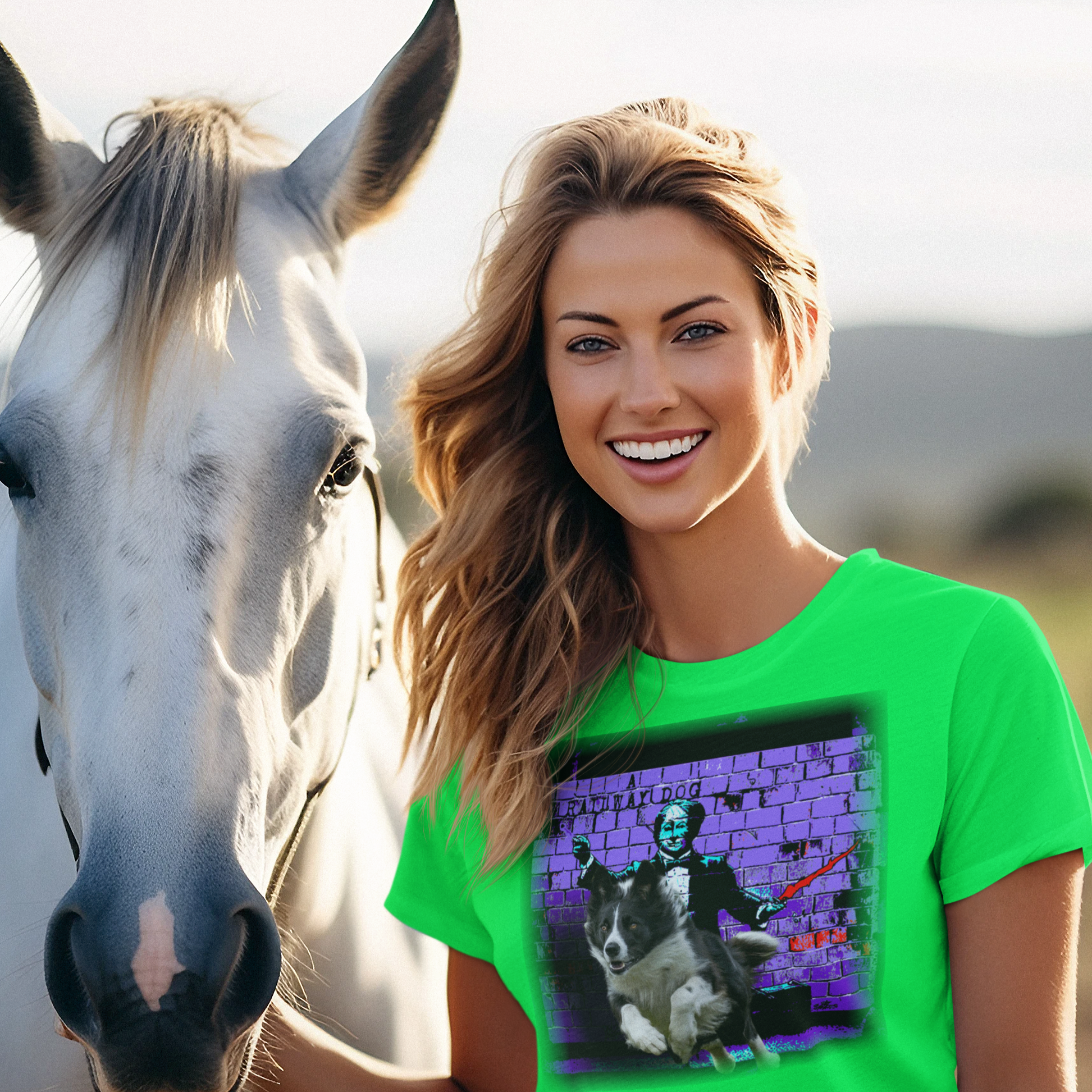 A Border Collie dog, known for its intelligence and herding ability, featured on a t-shirt.