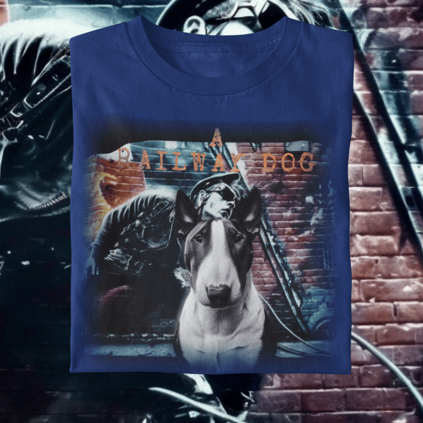 A t-shirt with a graphic image of a Bull Terrier dog and a Chopper motorcycle