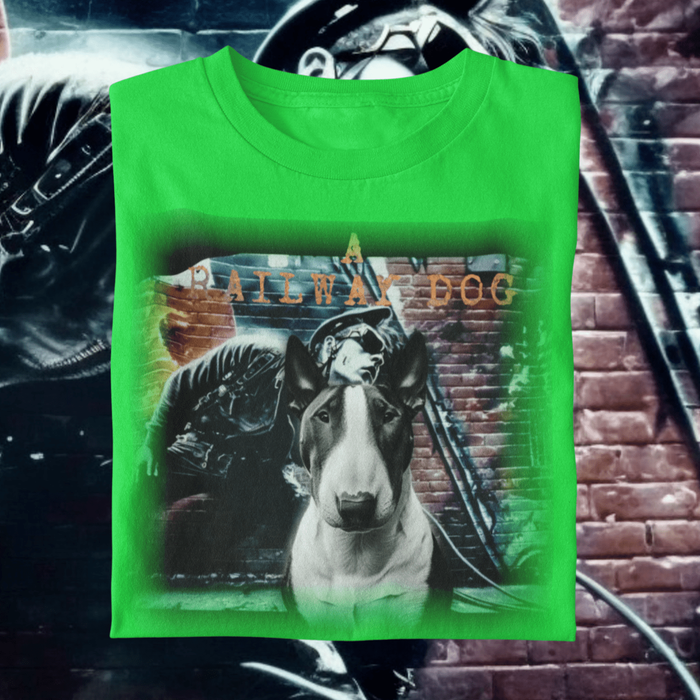 A t-shirt with a graphic image of a Bull Terrier dog and a Chopper motorcycle