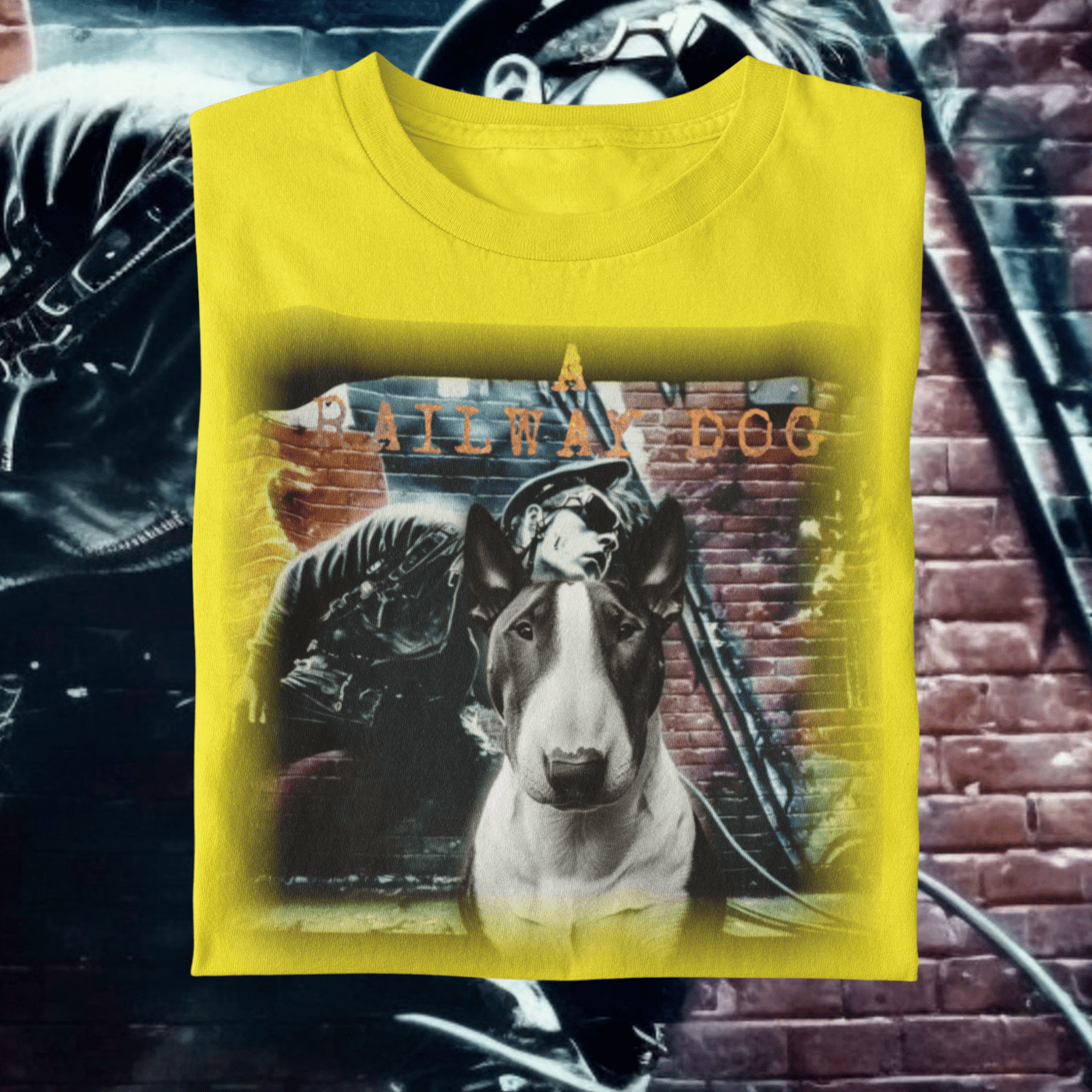 A t-shirt with a graphic image of a Bull Terrier dog and a Chopper motorcycle