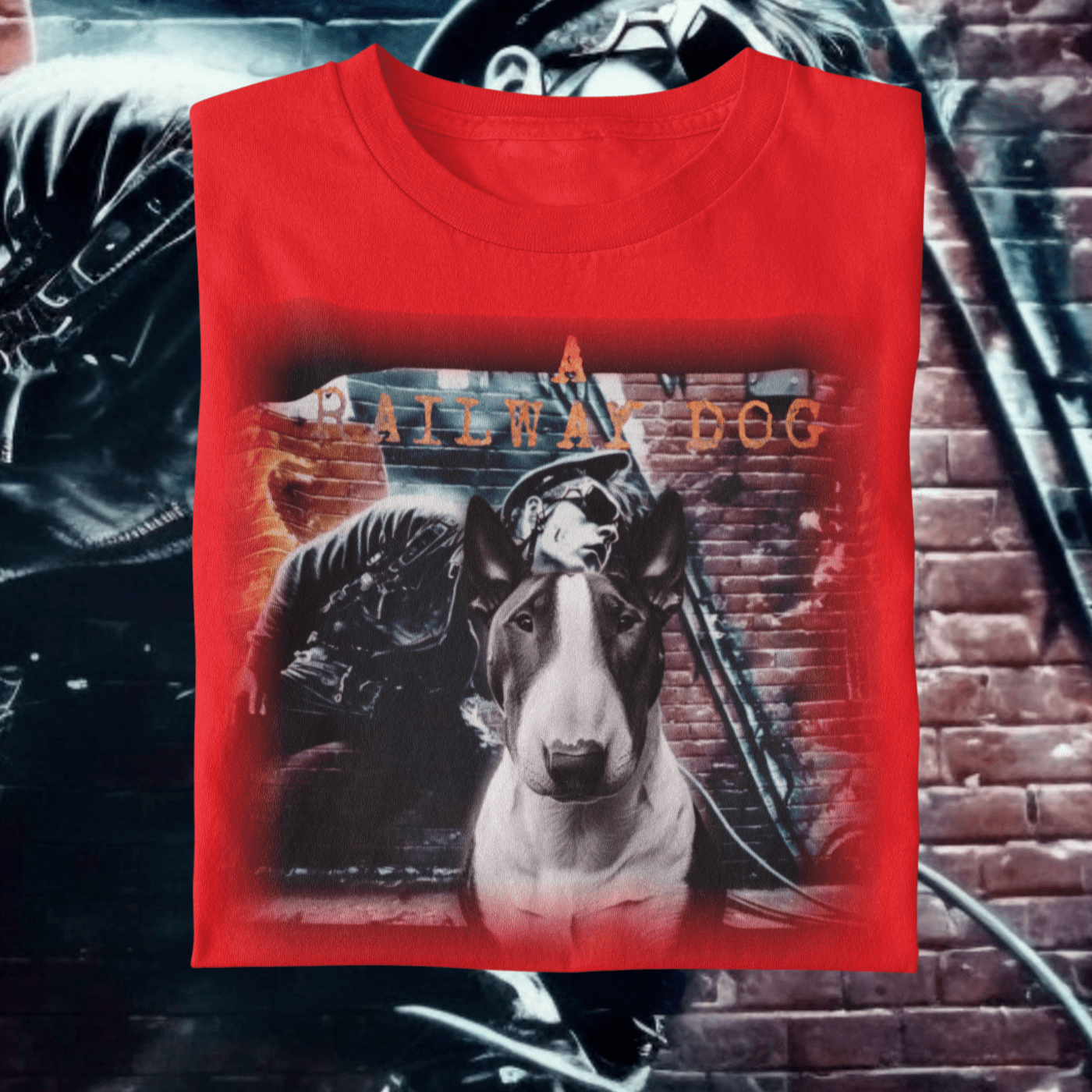 A t-shirt with a graphic image of a Bull Terrier dog and a Chopper motorcycle