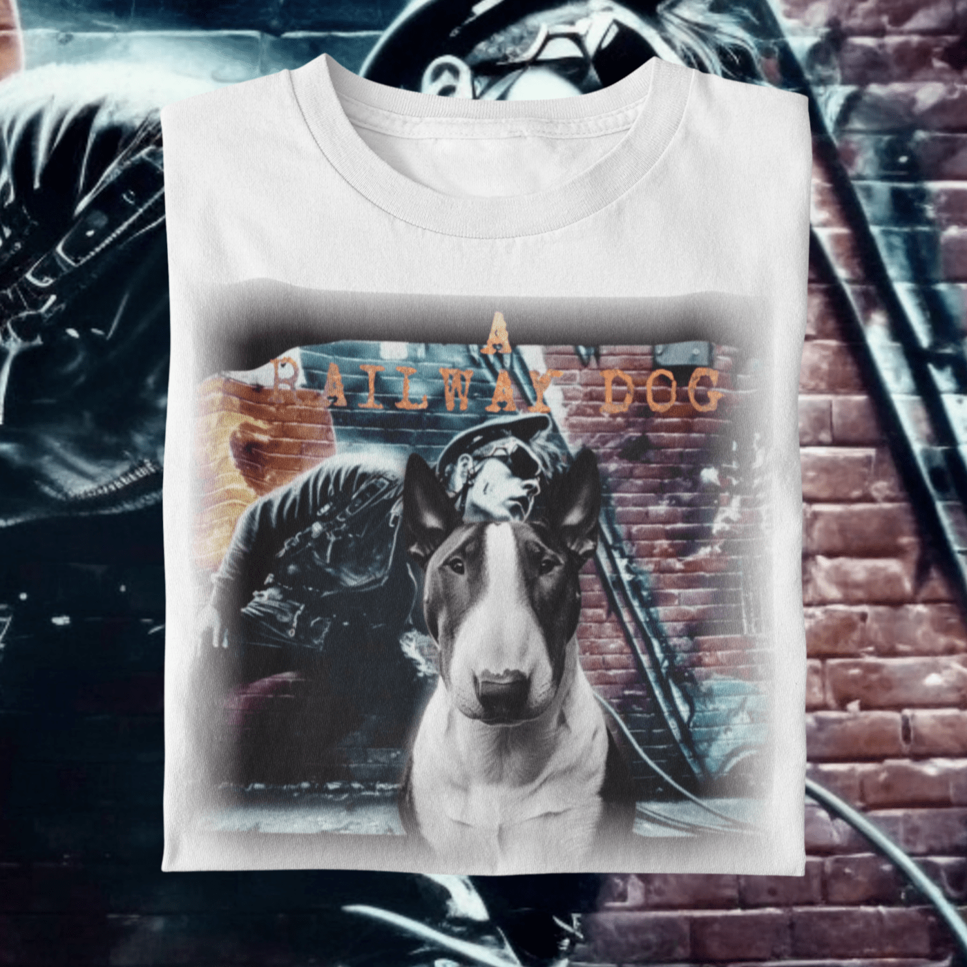 A t-shirt with a graphic image of a Bull Terrier dog and a Chopper motorcycle