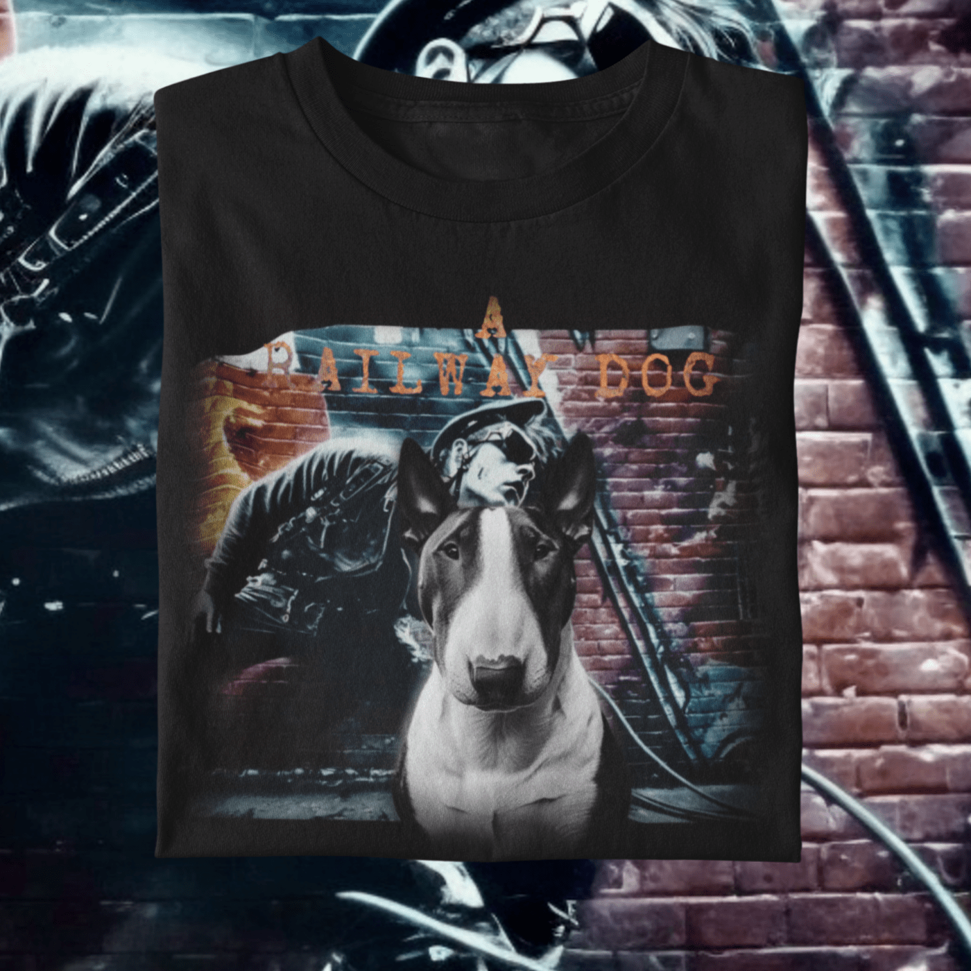 A t-shirt with a graphic image of a Bull Terrier dog and a Chopper motorcycle