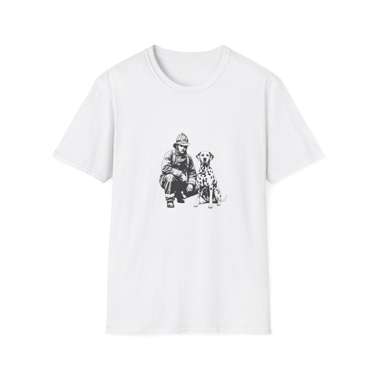 White graphic t-shirt featuring Banksy-style stencil art of a Dalmatian dog sitting beside a crouching firefighter.